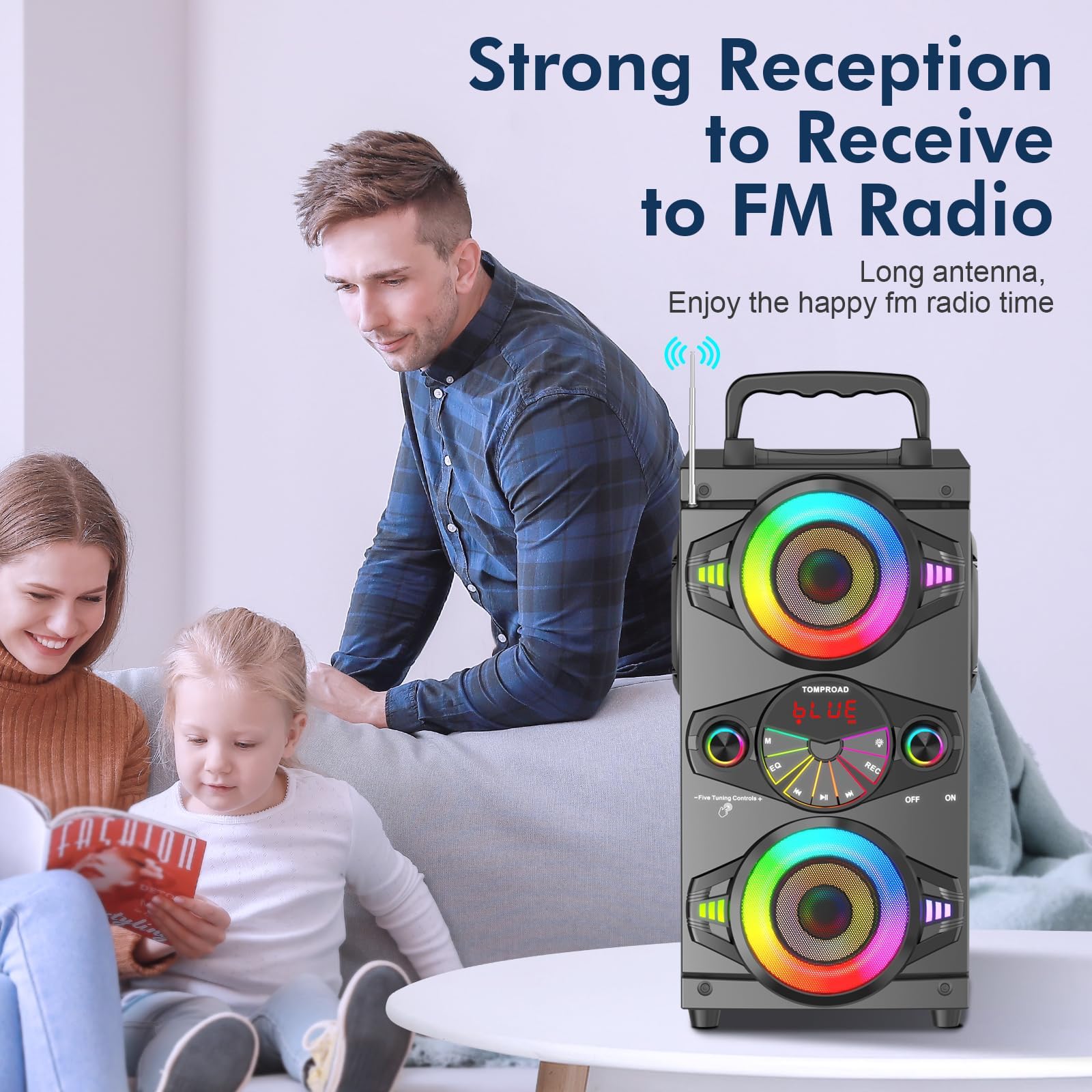 Altoparlanti Bluetooth portatili da 60 W, potenti, senza fili, suono forte, stereo, bassi, boombox, casa e feste, con subwoofer, radio FM, luci LED colorate (nero)