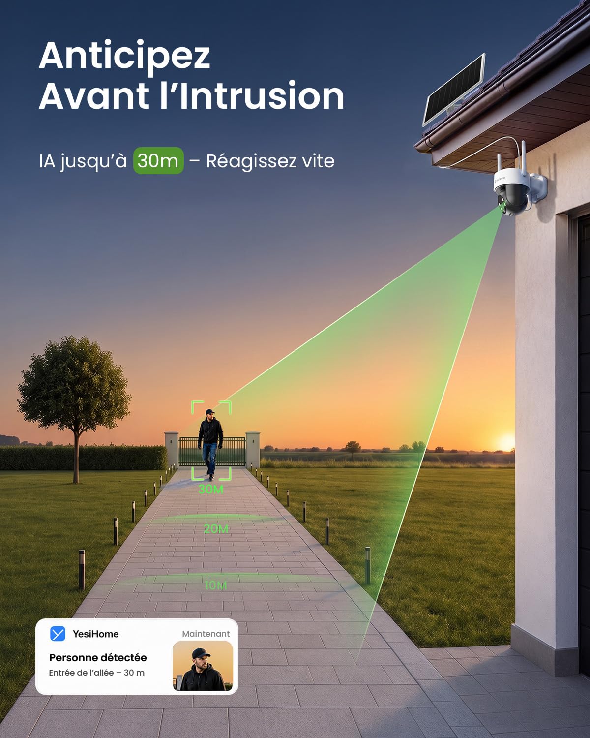 YESYAMO 4MP AOV Camera Surveillance WiFi Exterieure sans Fil Suivi Auto | Enregistrement Continu 24/7, Détection IA 30m, Solaire 9W, Batterie 9000mAh, PTZ 355°/90°, Alarme Son/Lumière, 2,4GHz, IP65