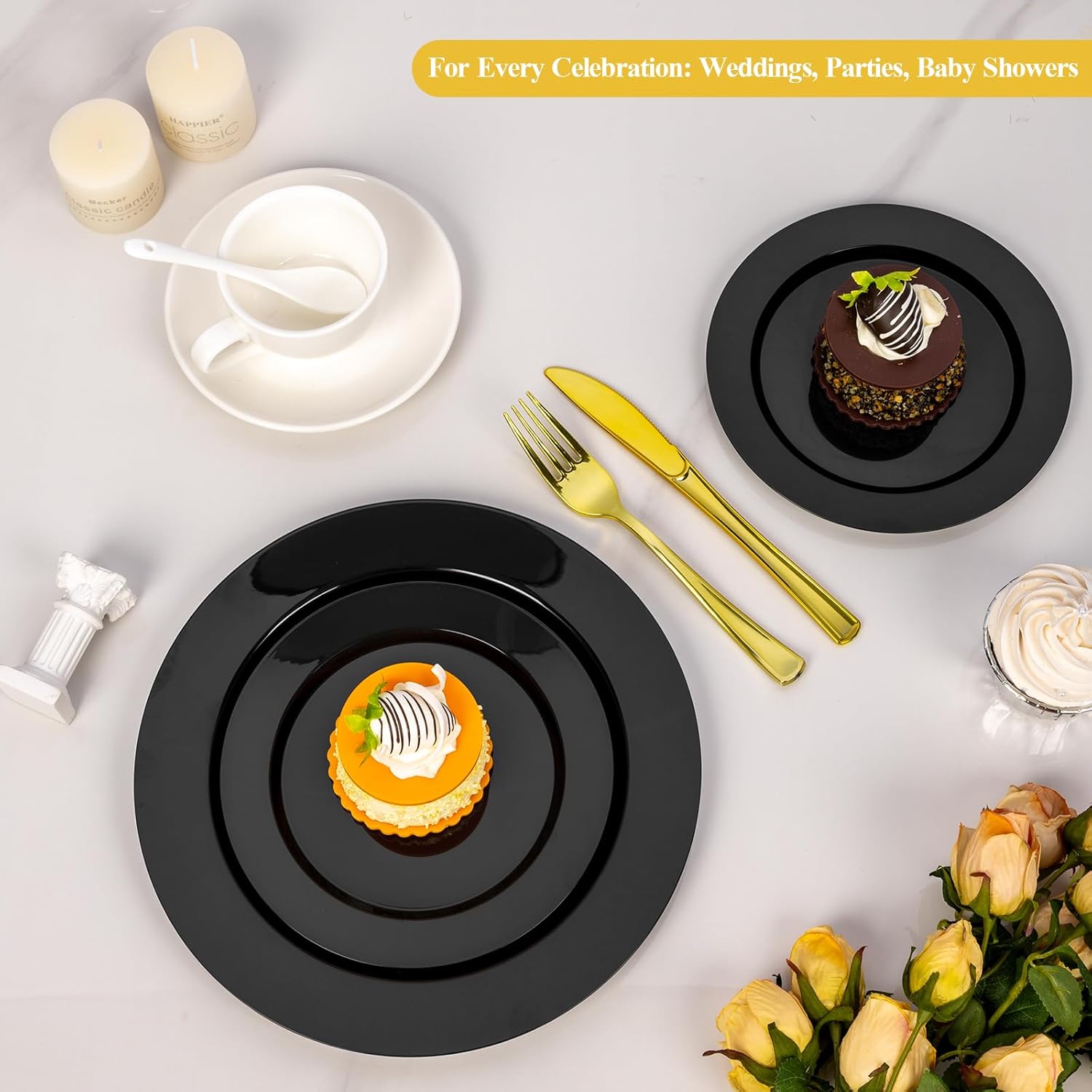 Goodluck 200PCS Black Plastic Plates, Heavy Duty Disposable Gold Plates with 100 10.25 inch Dinner Plates and 100 7.5 inch Dessert Plates for Party, Holiday, Wedding, Thanksgiving - Image 7