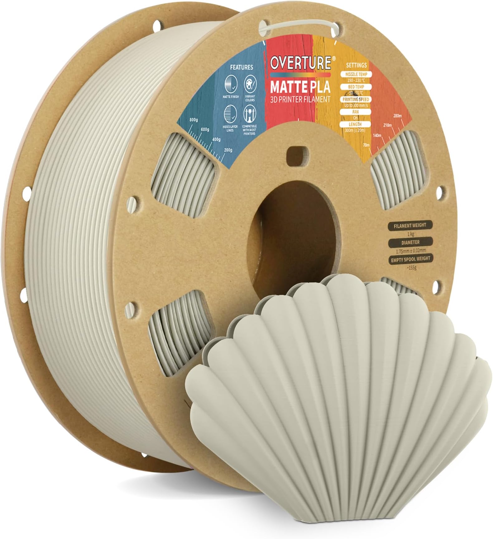 OVERTURE Matte PLA 3D Printer Filament 1.75mm, Matt Surface & Low Warping Filament 1kg Spool (2.2 lbs), Accuracy +/- 0.02 mm, Fit Most FDM Printers (Matte Beige)