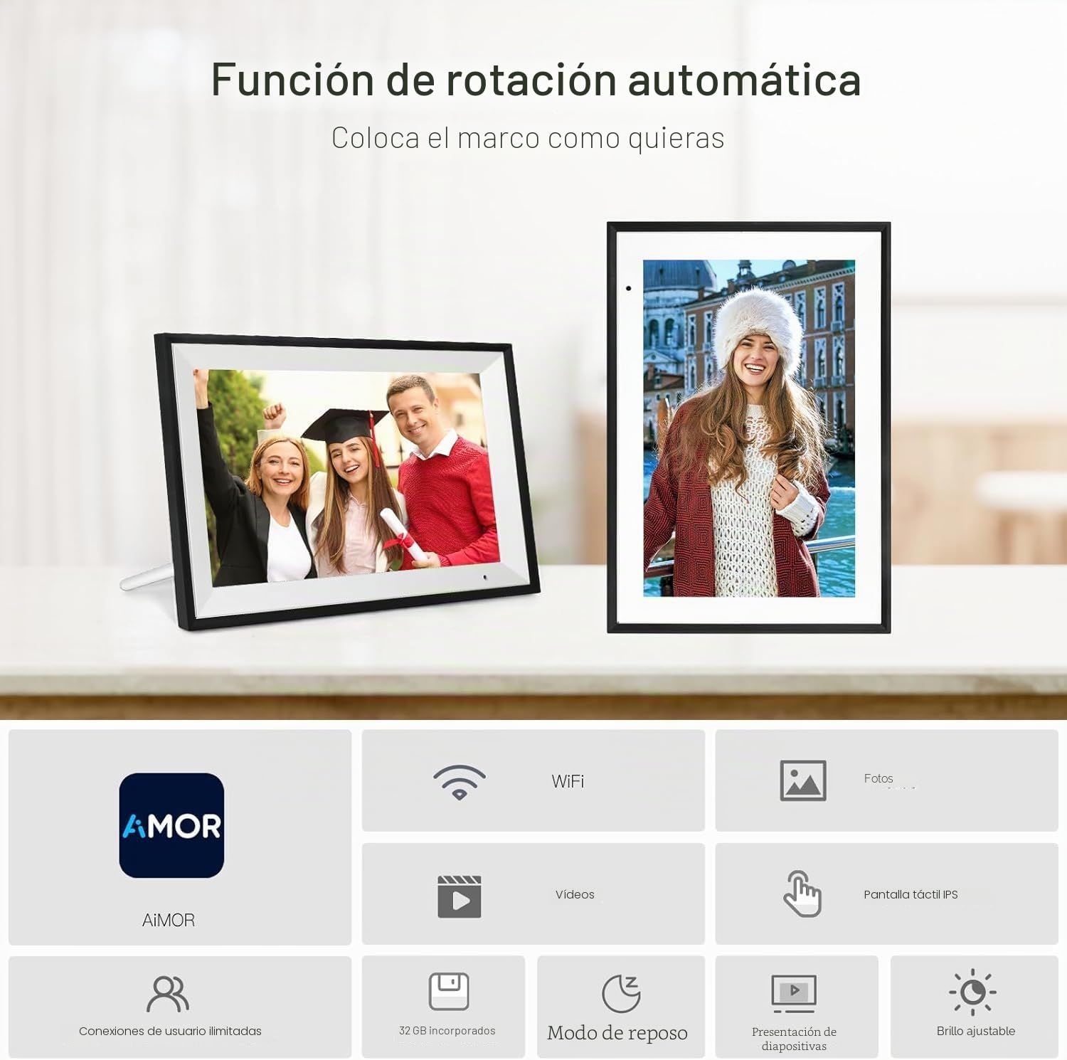 Humblestead Marco de Fotos Digital WiFi de 10,1 Pulgadas 32 GB, rotación automática, Pantalla táctil Inteligente, configuración remota sin Esfuerzo a través de la aplicación AiMOR, Blanco