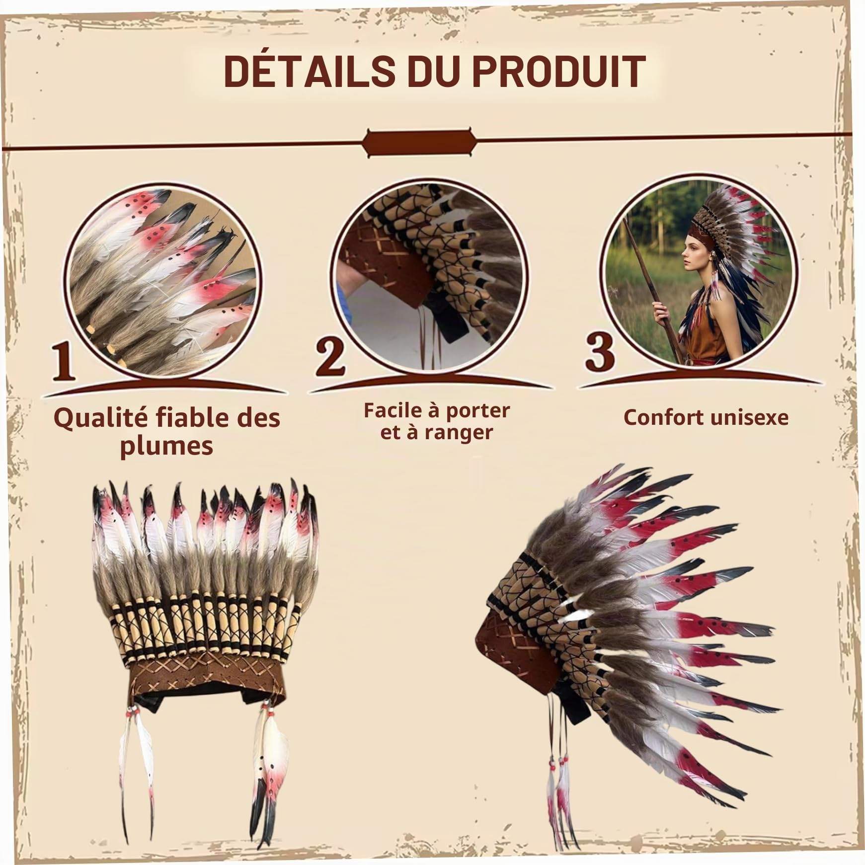 Coiffe indienne plumes casque indien cosplay amérindien costumes d'Halloween pour hommes femmes, coiffure amérindienne rouge