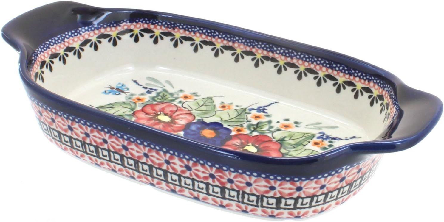 Blue Rose Polish Pottery - Blue Peacock Rectangular Serving Dish - 10" x 5.25" - Beautiful Dish for Bread, Salad, or Pasta
