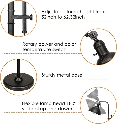 Miniatura 4 de Lámpara de pie industrial, lámparas de pie rústicas de 3 temperaturas de color en bronce envejecido, altura ajustable y cabeza de pie, lámpara de