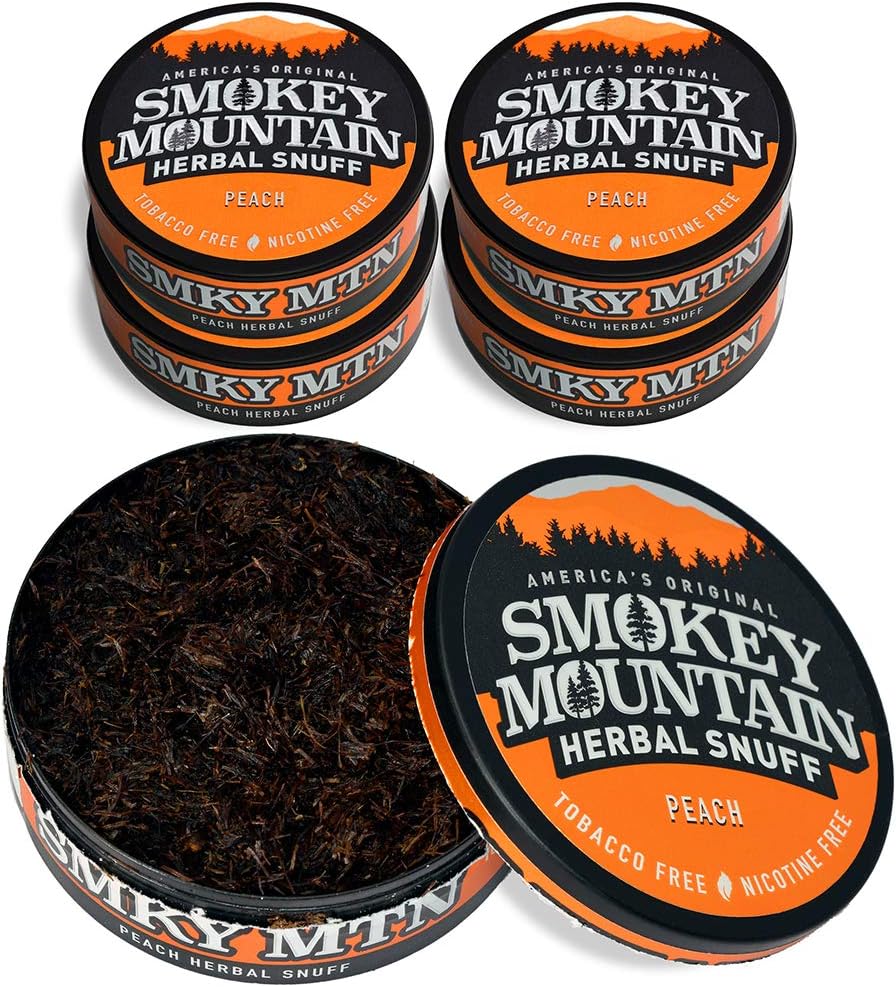 Smokey Mountain Herbal Long Cut – Peach – 5 Can Box - Tobacco Free and Nicotine Free Snuff