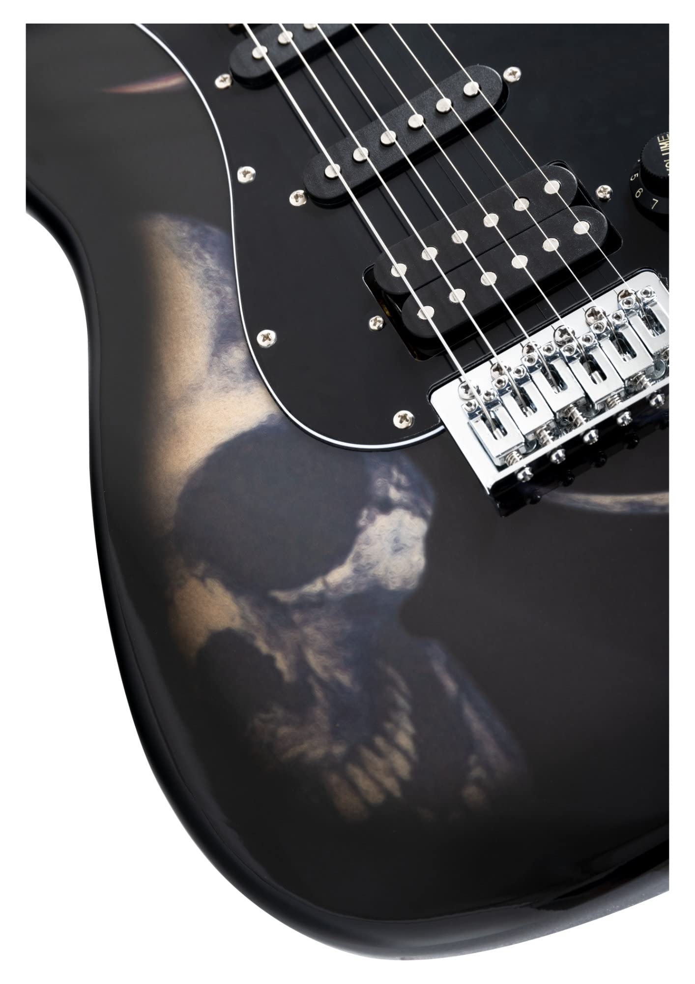 Rocktile Pro ST60-SKULL E-Gitarre Skull Design (1 Humbucker, 2 Single Coils, 22 Bünde, Rosenholz Griffbrett, Lindenholz Korpus, Ahorn Hals)