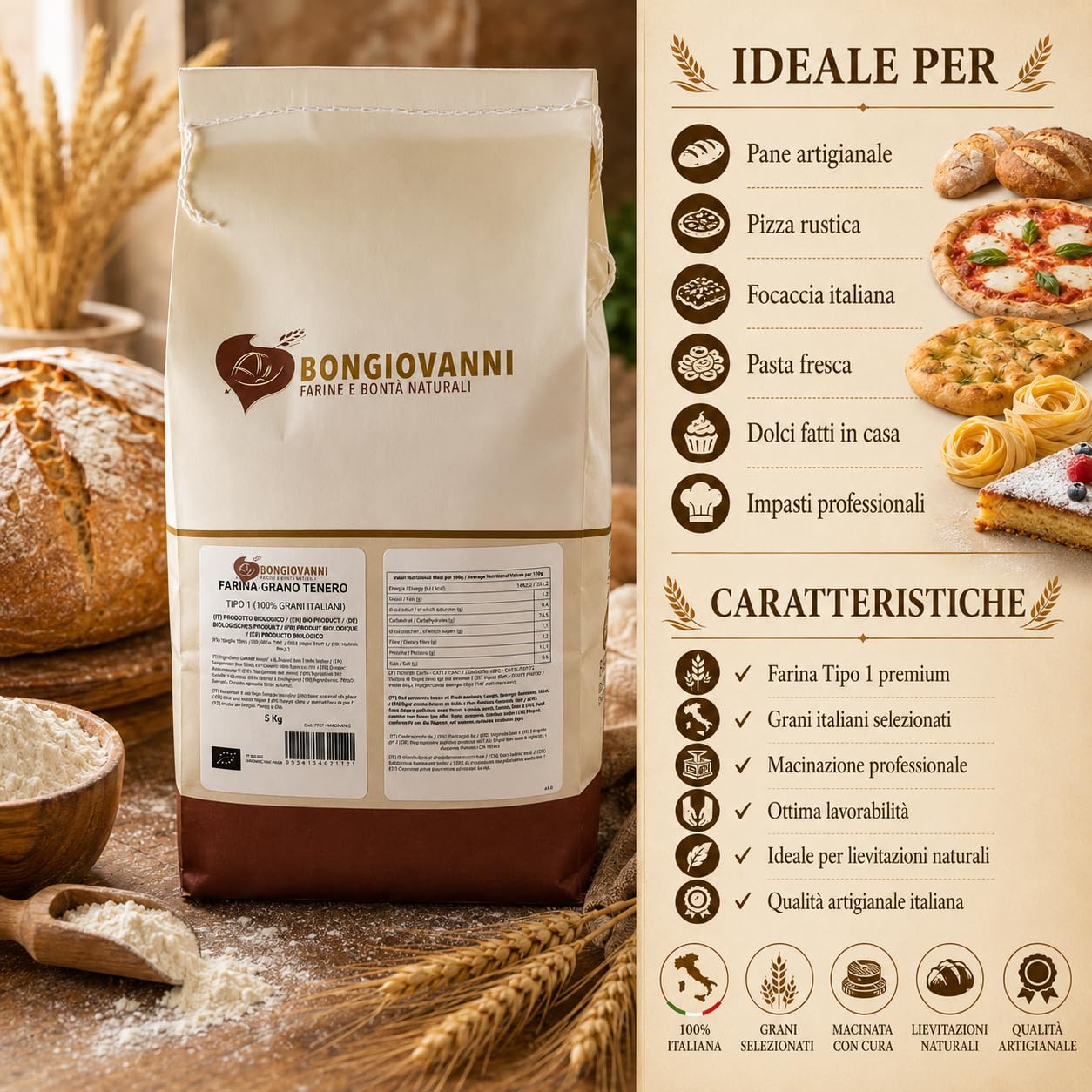 BONGIOVANNI FARINE E BONTA' NATURALI Farina Tipo 1 di Grano Tenero BIO - 5 Kg