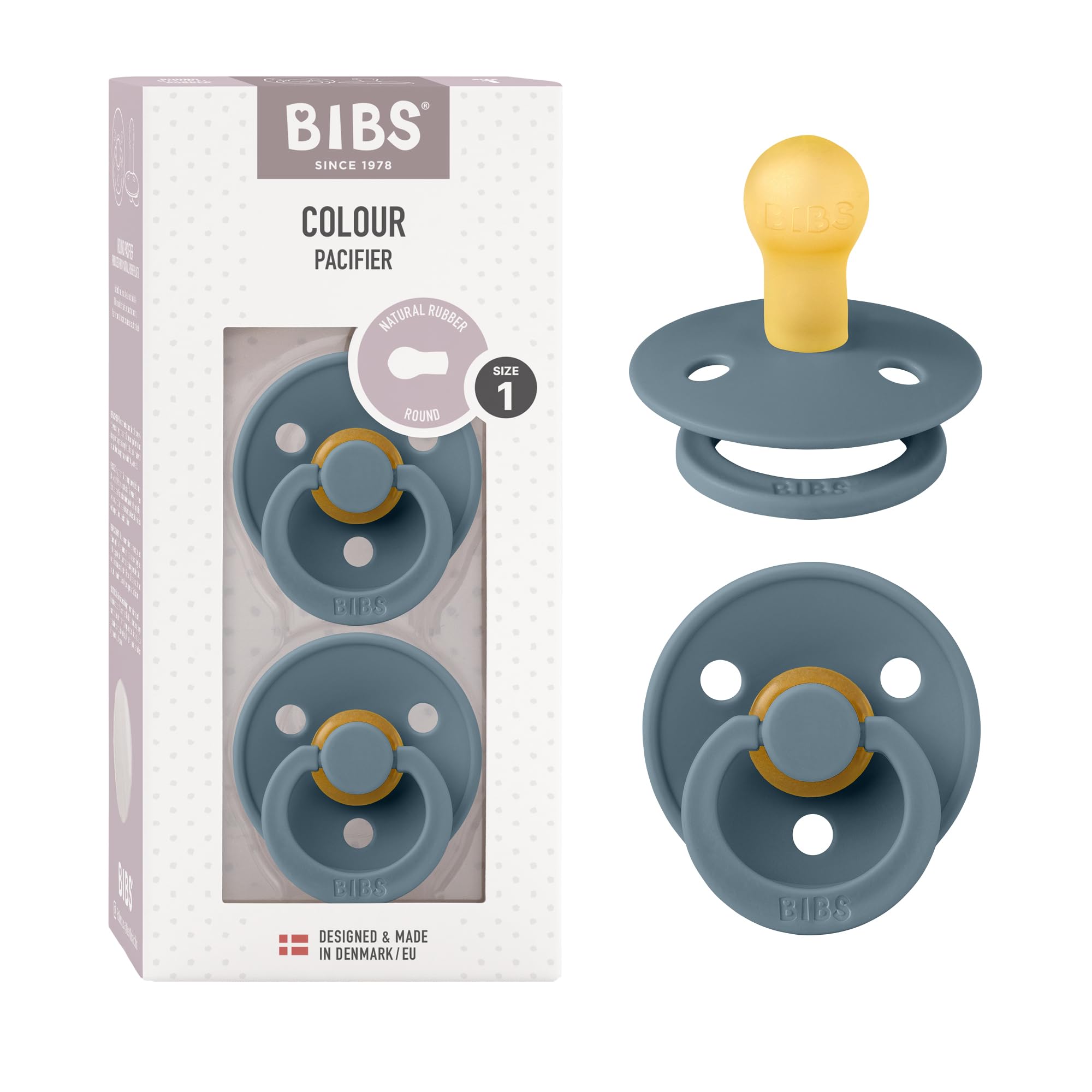 BIBS Colour Paquete de 2 chupetes. Libre de BPA, Tetina redonda. Látex natural, Talla 1 (0-6 meses), Baby Blue/Baby Blue — view 98