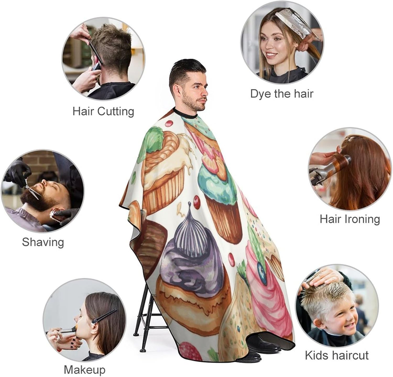 Cupcakes Donuts Muffins Sugar Apron for Women Men,Barber Cape with Adjustable Snap Closure,Hair Cutting Cape,66.9 X 56.7 Inches for Hair Dye, Comb-out, Styling, Shampoo
