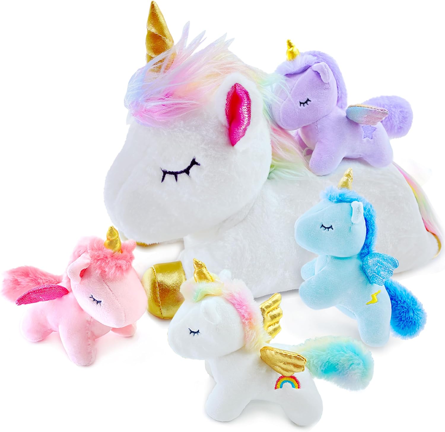 Long Unicorn Plush Pillow+Unicorn Mommy Stuffed Animal with 4 Baby