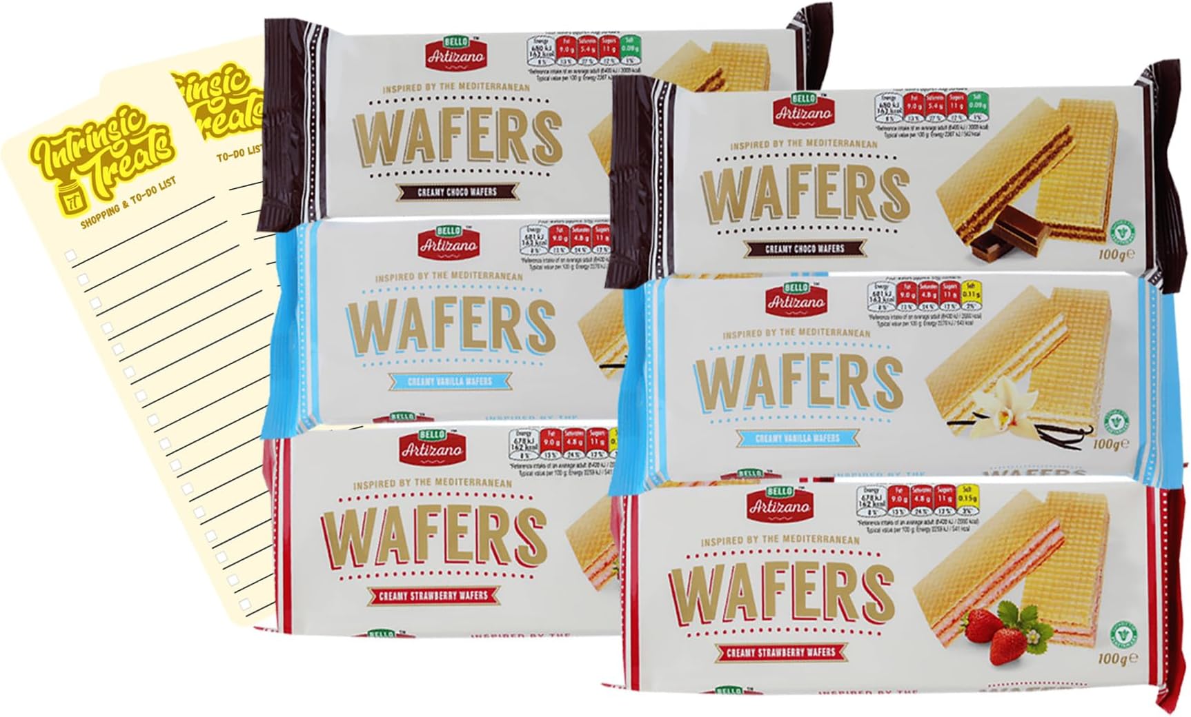 Wafers Bundle With Bello Artizano Chocolate Creme Wafers 100g x2, Strawberry Creme Wafers 100g x2, Vanilla Creme Wafers 100g x2 and Intrinsic Treats Shopping List Card x2