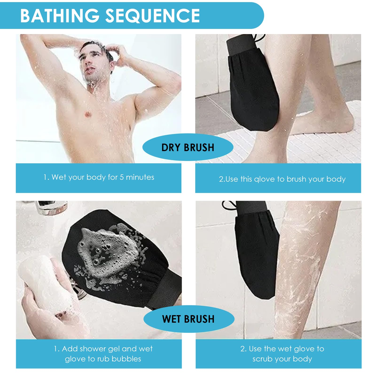 2x Gant Exfoliant pour le Corps, Gant Exfoliant Corps, Gants Gommage Corps Et Visage, Enlever La Saleté Et Les Peaux Mortes pour Nettoie et Purifie La Peau, Doux Gants Exfoliants, Noir