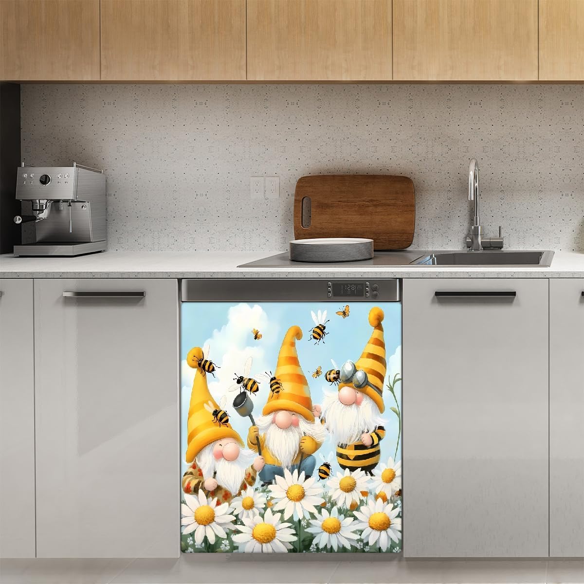Dishwasher Magnet Cover Cartoon Bee Gnome Daisy Reusable Dishwasher Magnetic Cover Sticker Decorative Dish Washer Door Covers Panel for Home Kitcen Appliance, 21x26 in image 3