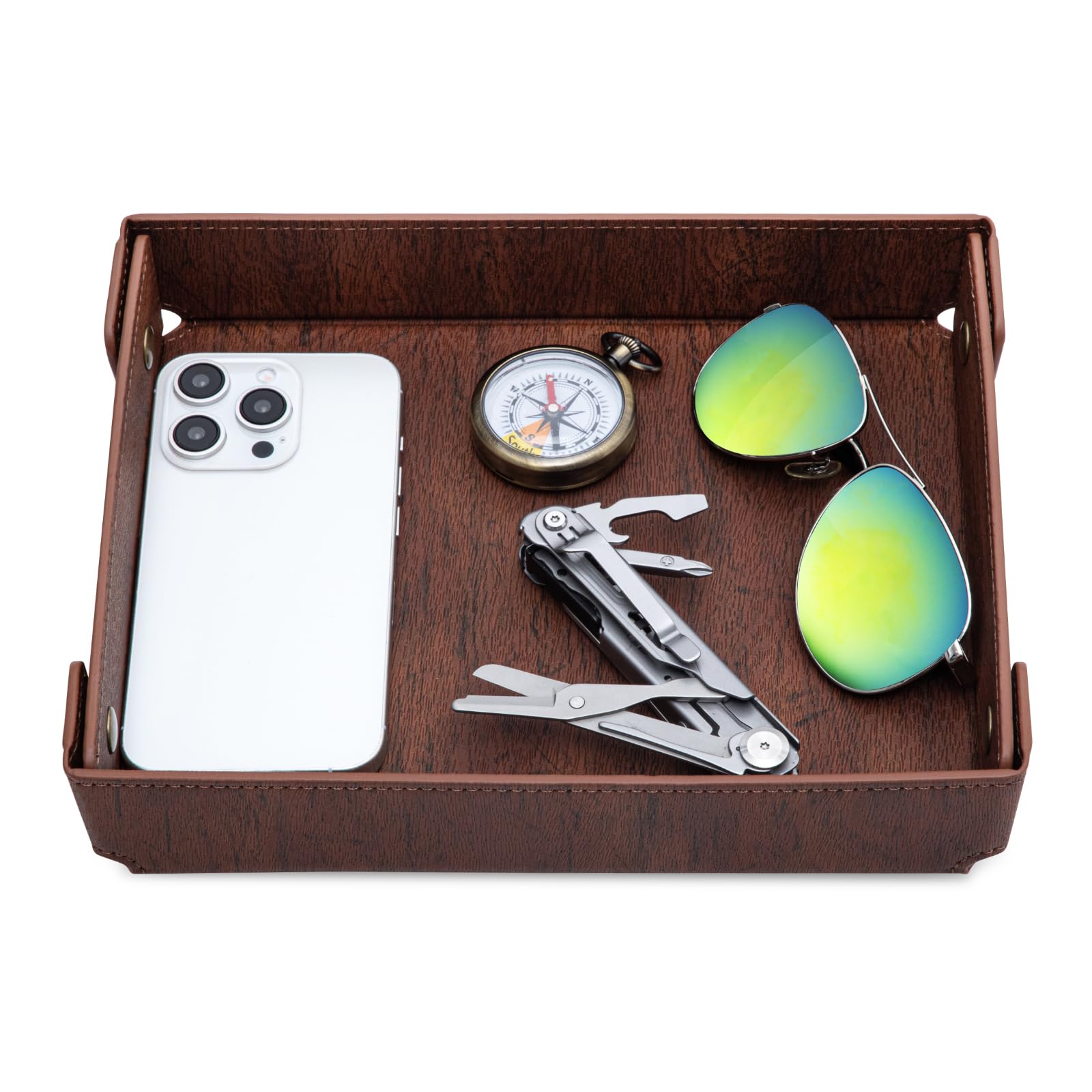 Father's Day Gifts Faux Leather Valet Tray with Wood Pattern Organizer for Men - Catch-All Tray for Entryway Table Key, Wallet, Watch, Coin Change, Phone, Dresser EDC Dump Jewelry, Bedside Desk-top