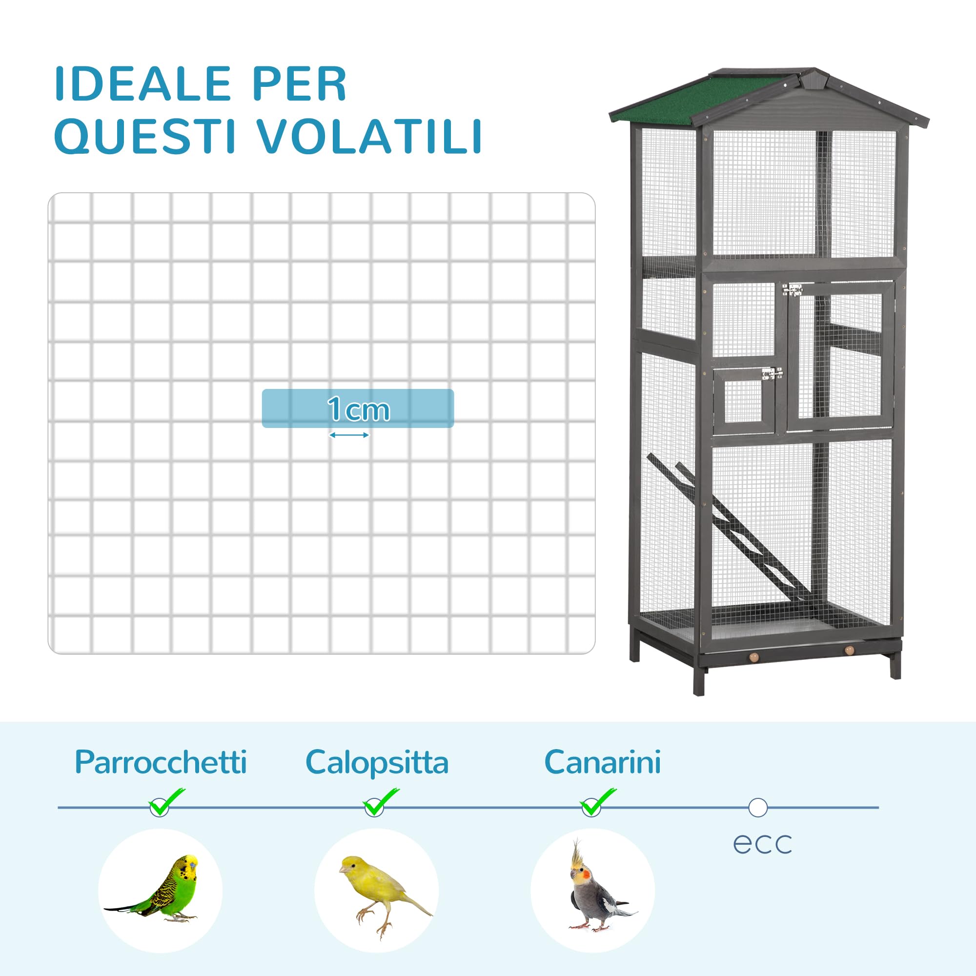 PawHut Gabbia per Uccelli in Legno di Abete e Rete Metallica, Voliera per Uccelli da Esterno con 2 Porte, Tetto in Asfalto e Vassoio Estraibile, 68x63x165 cm, Grigio Chiaro