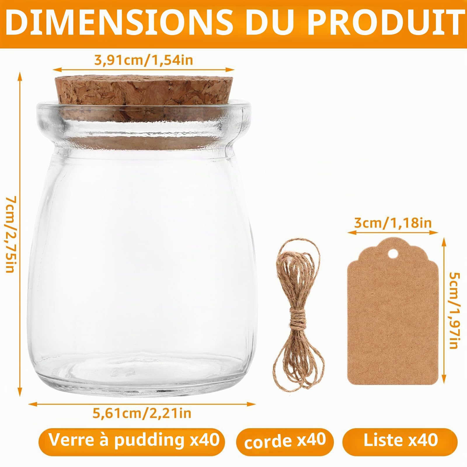 APACALI Lot de 40 petits bocaux en verre avec bouchon en liège - 100 ml - Pour dessert, yaourt, yaourt, etc. - Pour confitures, gelées, miel, desserts