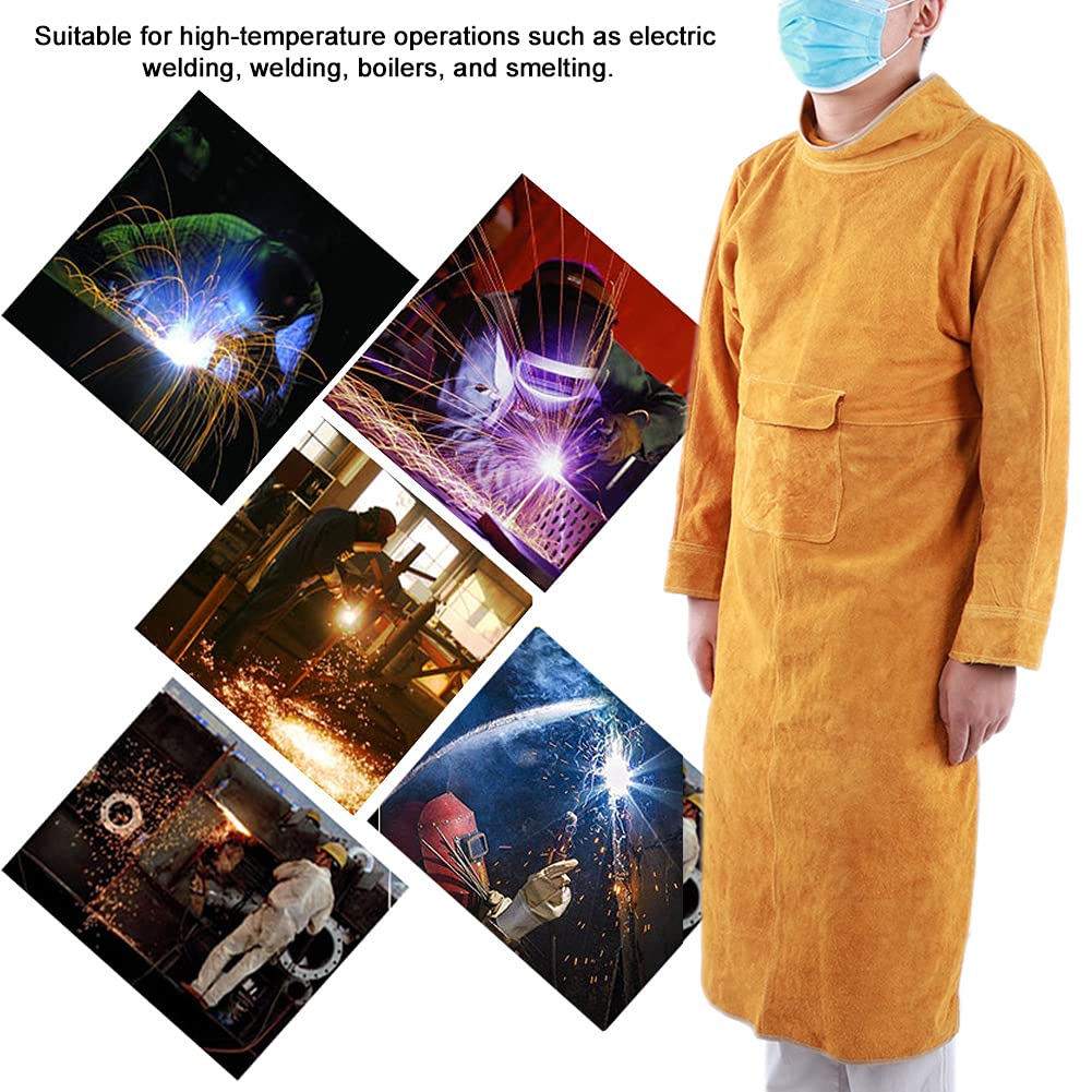 Delantal de soldadura de cuero con manga, Delantal de cuero de vaca para soldador para hombres y mujeres, Chaqueta de soldadura resistente, con mangas y cuello, Delantal de