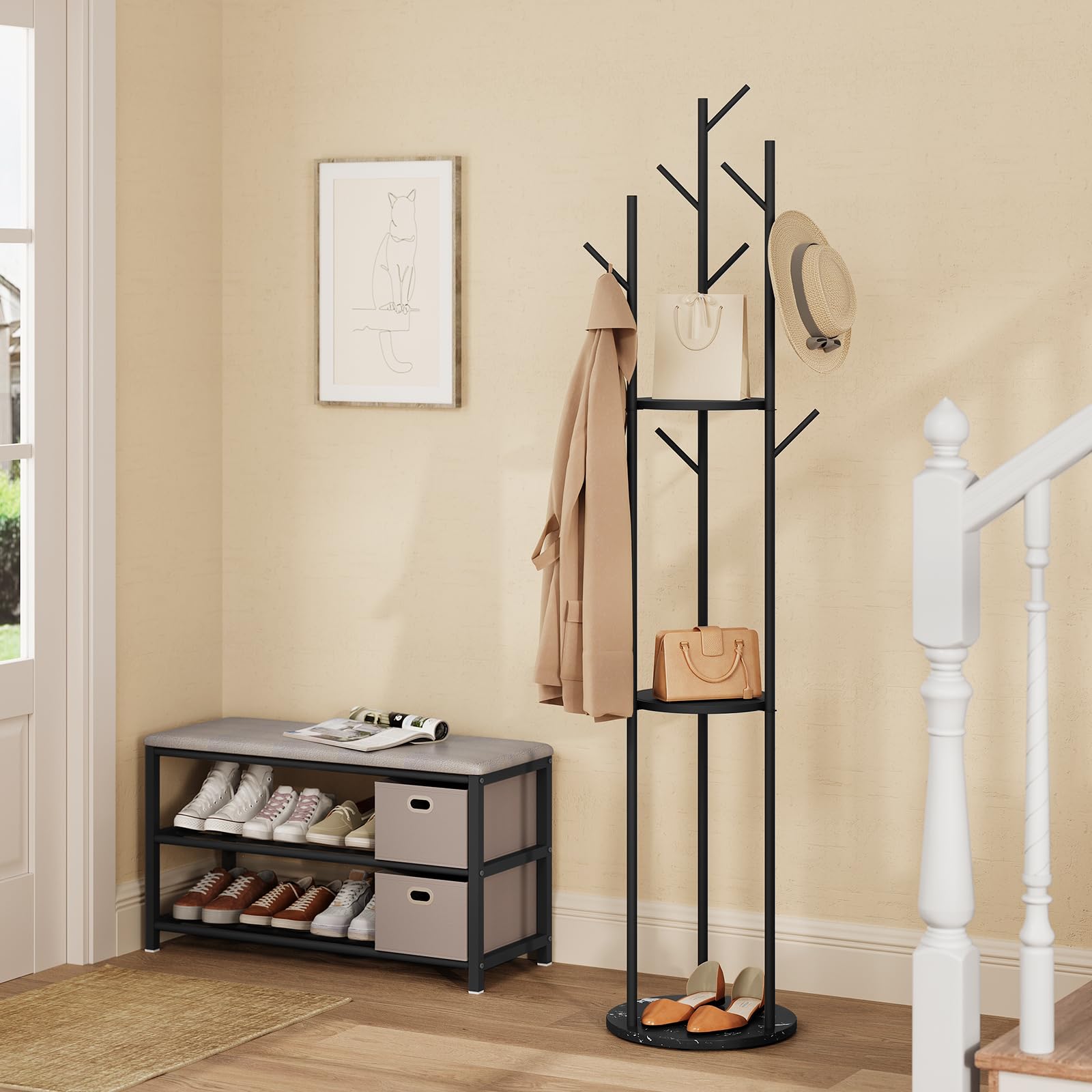 eSituro Appendiabiti, Porta Abiti da Terra a Forma di Albero, con 9 Ganci e 3 Ripiani, Appendiabiti in Metallo con Base in Marmo per Corridoio/Camera da Letto/Ufficio, Nero