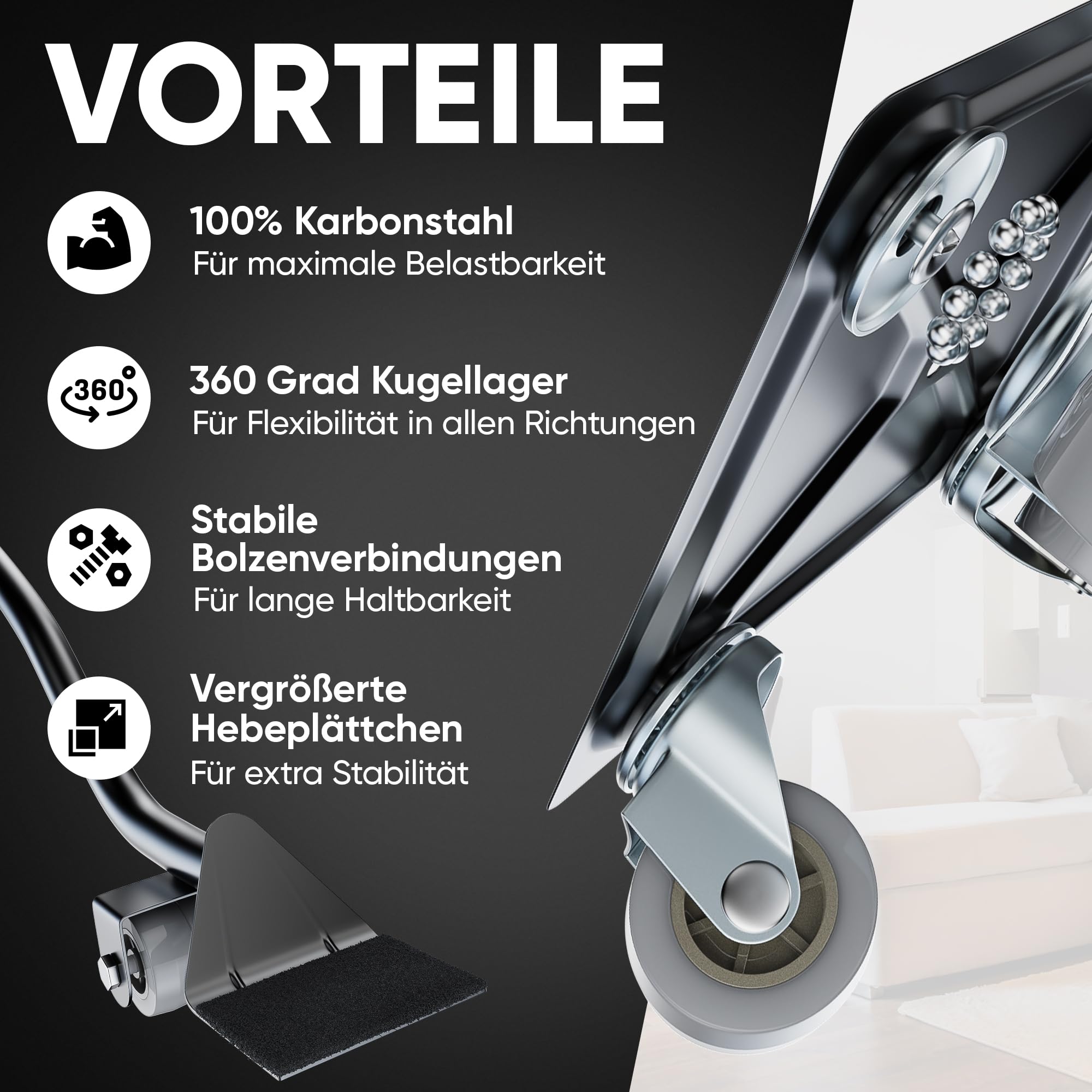 Möbelroller Set | Stabiler Möbelheber | 4 Transportroller | 600kg
