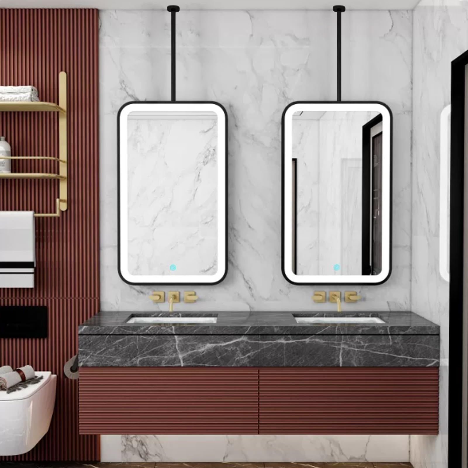 FGXHHS Modern LED ｜Ceiling Hanging Decor Mirror Wall Mounted Vanity Mirrors with Lights｜Black Metal Framed Rectangle for Farmhouse，Restroom，Entryway(40cmx70cm)