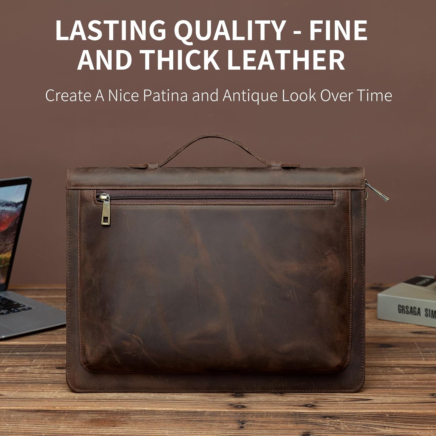 YIWEN Handmade Leather Portfolio with Handle – Zippered Front Pocket, Clip for Letter Size Notepad, Business Travel Padfolio