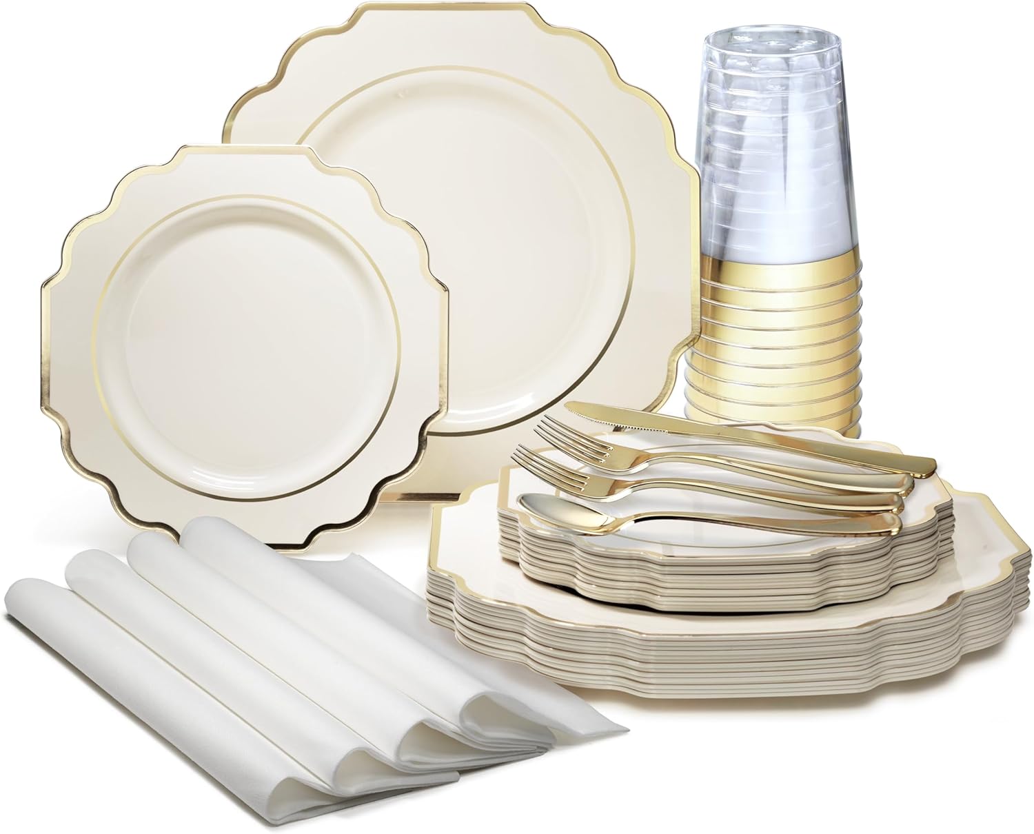 OCCASIONS 960 Piece Disposable Dinnerware Set for 120 Guests – Heavy Duty Plastic Plates, Gold Cutlery, Cups, Napkins – Elegant Party Plates for Wedding, Banquet, Events – Imperial Ivory & Gold