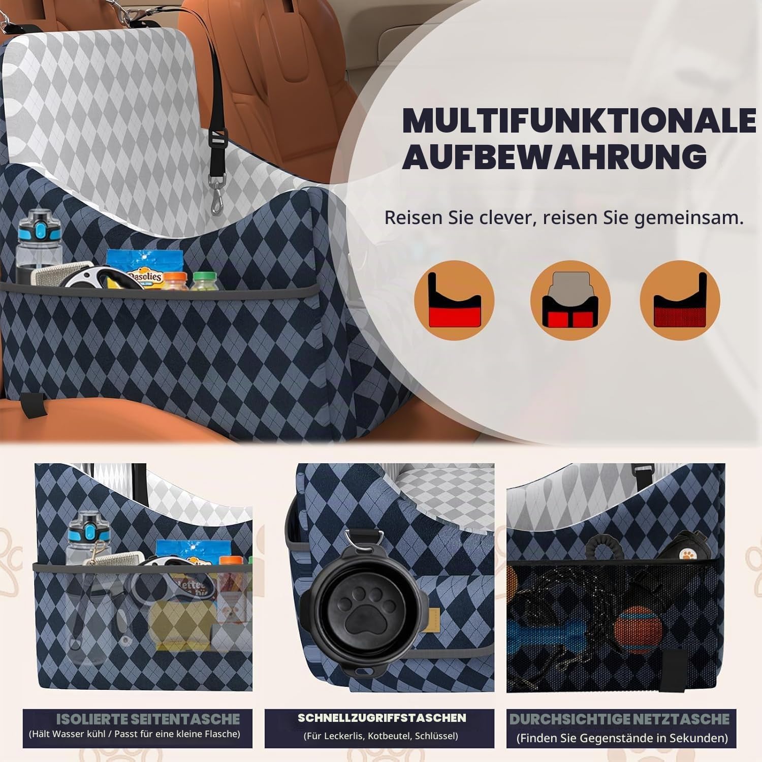 Hundeautositz bis 16kg Kleine & Mittlere Hunde mit Memory-Schaum | Sicherheitsgurt, 4 Fächer, 4 Fächern zur Aufbewahrung, Abnehmbarer Waschbarer Bezug