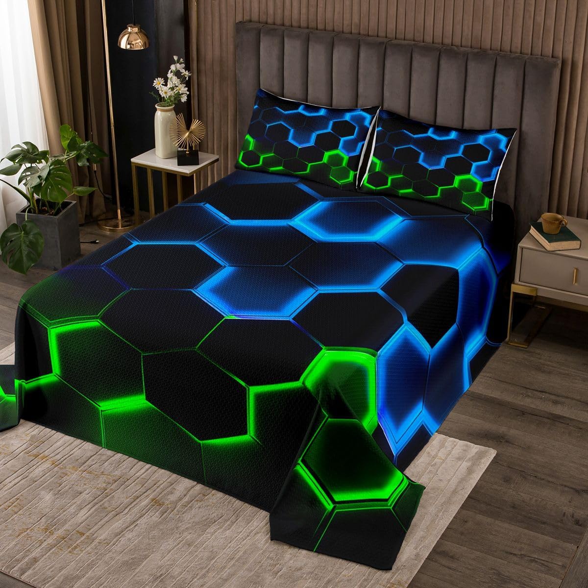 Castle Fairy Honeycomb Bedspread Twin Size,Hexagon Theme with Green Blue Neon Lights Comforter Set,Boys Teen Man Chic Creative Home Bedding Set 2pcs Quilt Set with 1 Pillowcase,Black