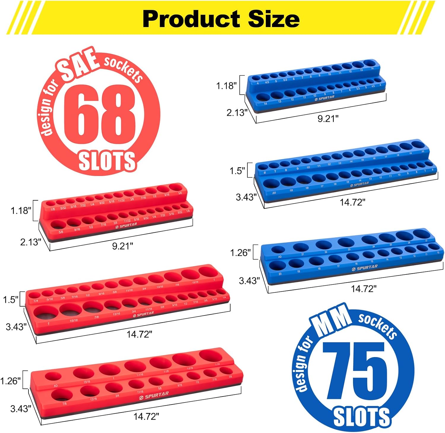 Spurtar Magnetic Socket Organizer 6Pcs, Metric and SAE Magnetic Socket Holder Includes 1/4", 3/8", 1/2" Drive Metric SAE Socket Organizer for Tool Box Drawer, Holds 143 Standard and Deep Size