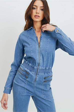 Khanomak Women's Classic Stretch Zip Up Closure Long Sleeve Denim Jeans Jumpsuit