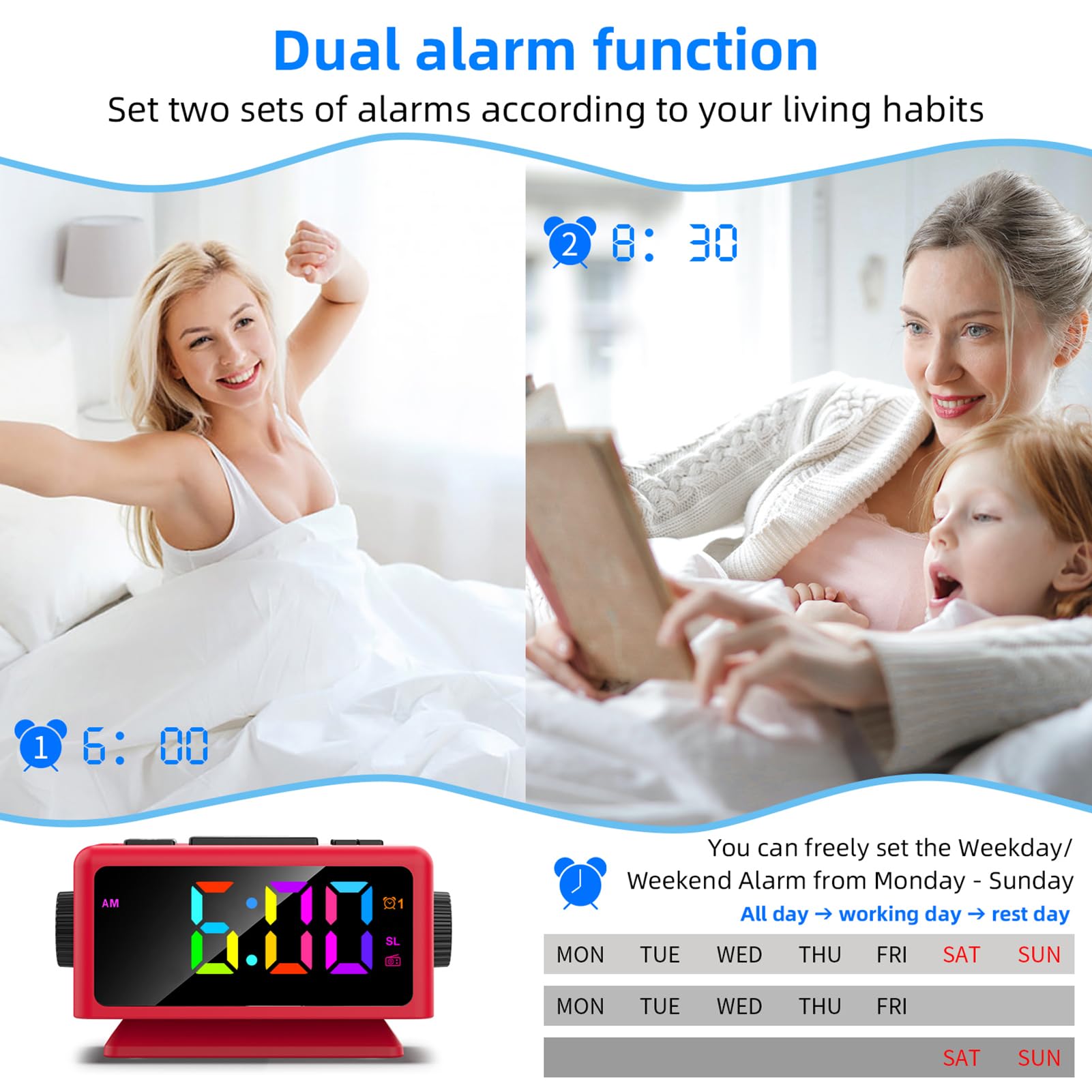 ThreeH Sveglia RGB con Radio 11 Colori Display Orario 12 Livelli Volume e Luminosità Regolabile Macchina del Suono del Sonno con 2 Porte di Ricarica USB Rosso