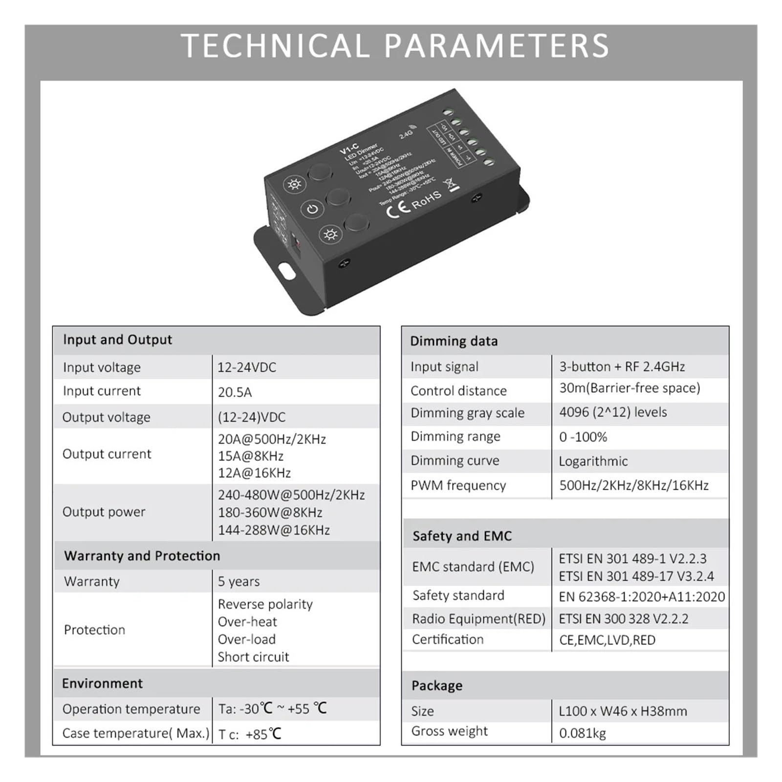 V1-C LED-Dimmer, 12 V, 24 V, PWM-Frequenz einstellbar, 2,4 G RF, Touch-Fernbedienung, einfarbige LED-Lichtleiste, 12-Volt-Dimmer(V1-C and R1 Set)