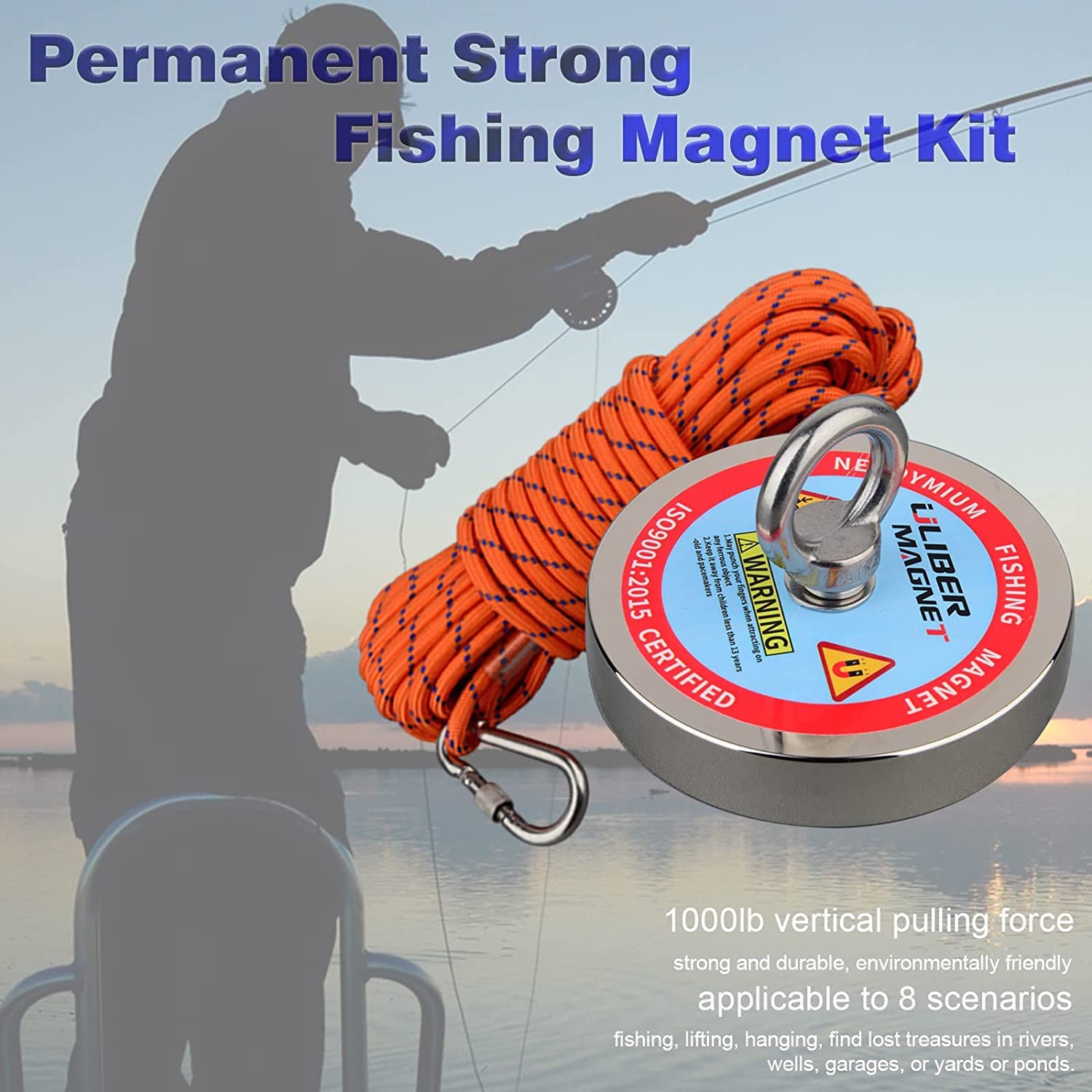 Kit da pesca magnetico 600 kg Forza di trazione verticale magnetica, magnete al neodimio robusto N52 con corda resistente da 15 m, magnetico per recuperare tesori nei fiumi..