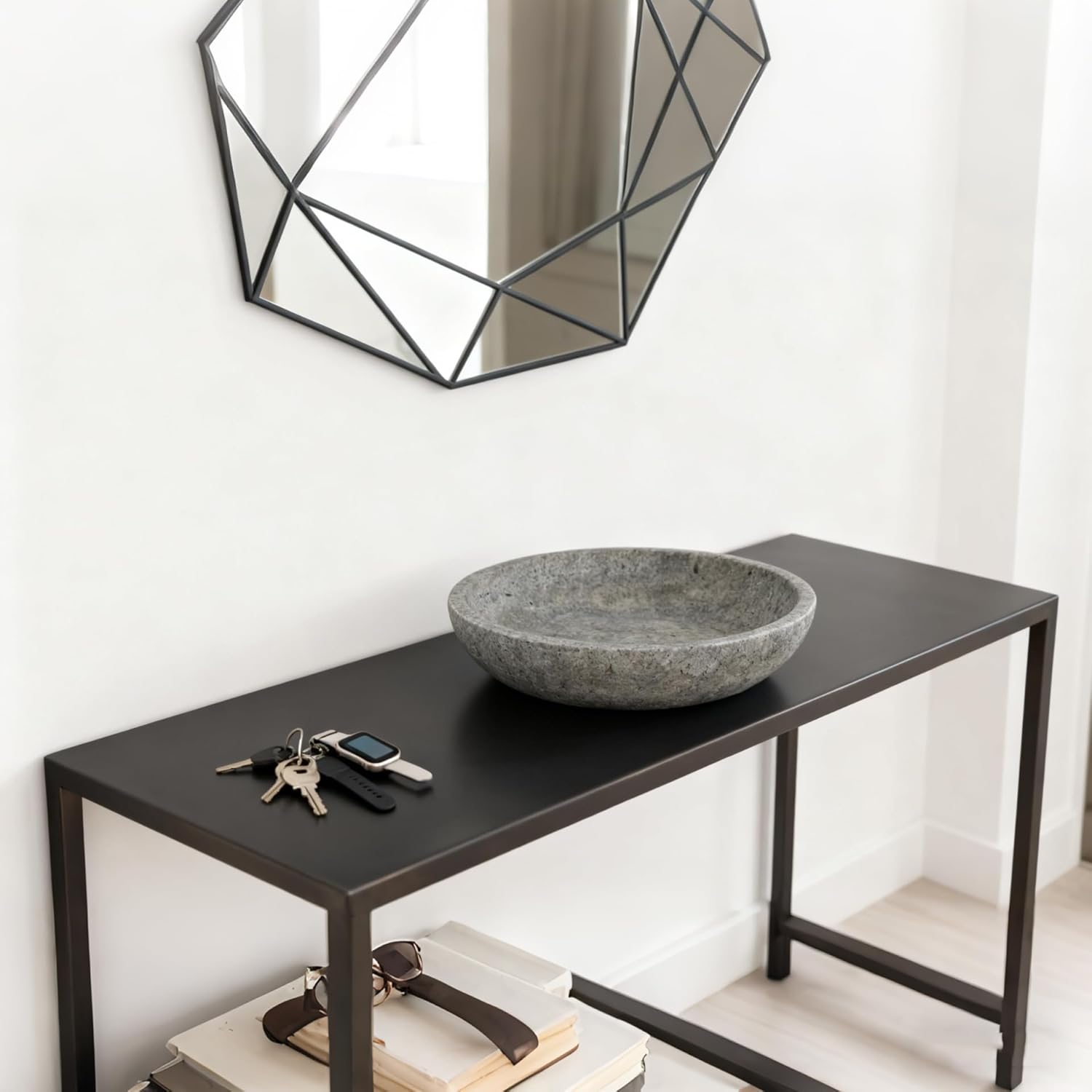 Silver Gray Travertine Bowl, 7.8" Modern Natural Stone Centerpiece for Industrial Home Decor, Handmade Fruit Bowl, Futuristic Tabletop Sculpture,Kitchen Counter, Entryway & Office Desk Organizer