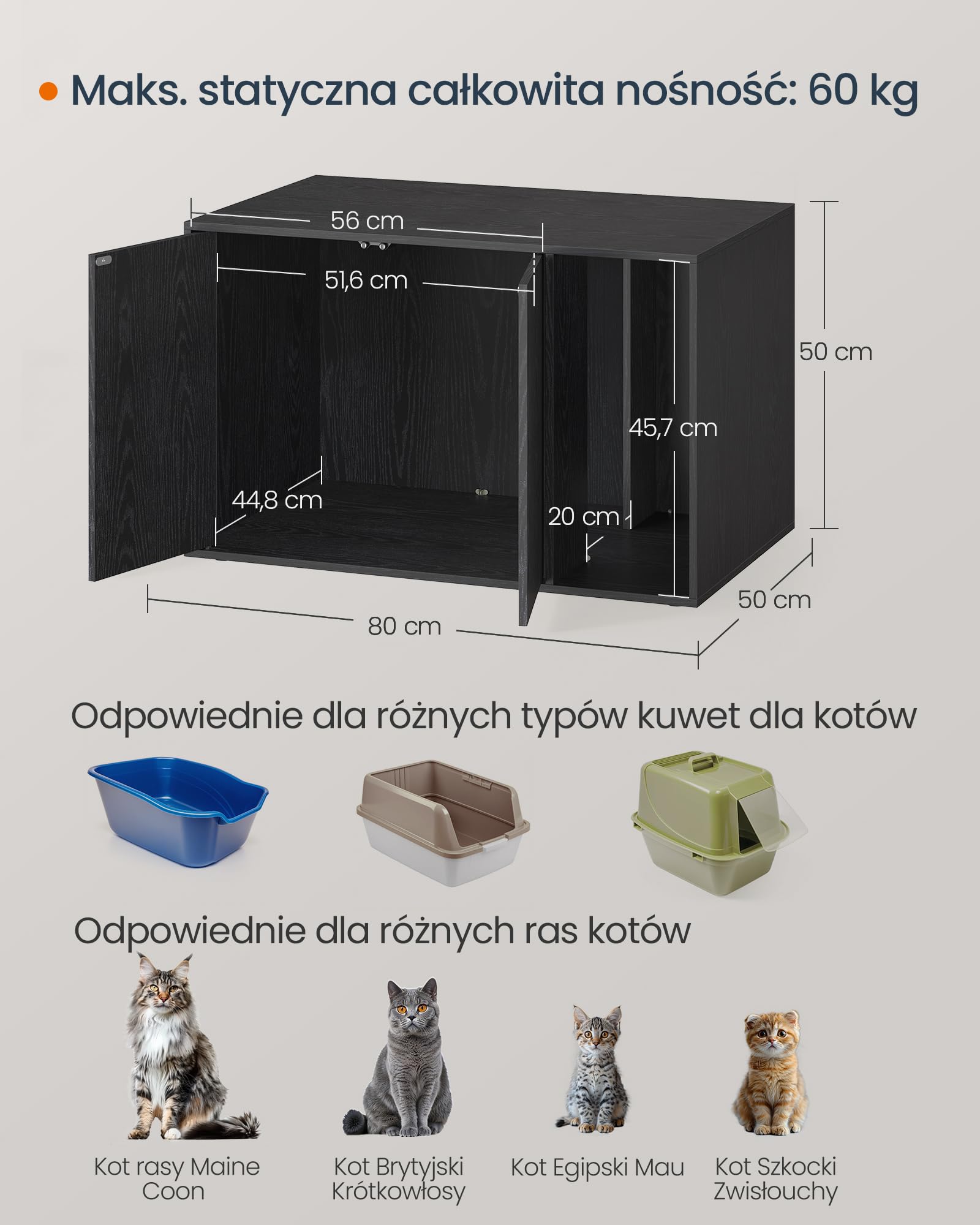 SONGMICS HOME Szafka na kuwety dla kota, ultraszybki montaż bez użycia narzędzi, ociekacz dla dużych kotów, drzwi otwierane ciśnieniowo, stół, minimalistyczny, nowoczesny, czarny drewno PCL013B03