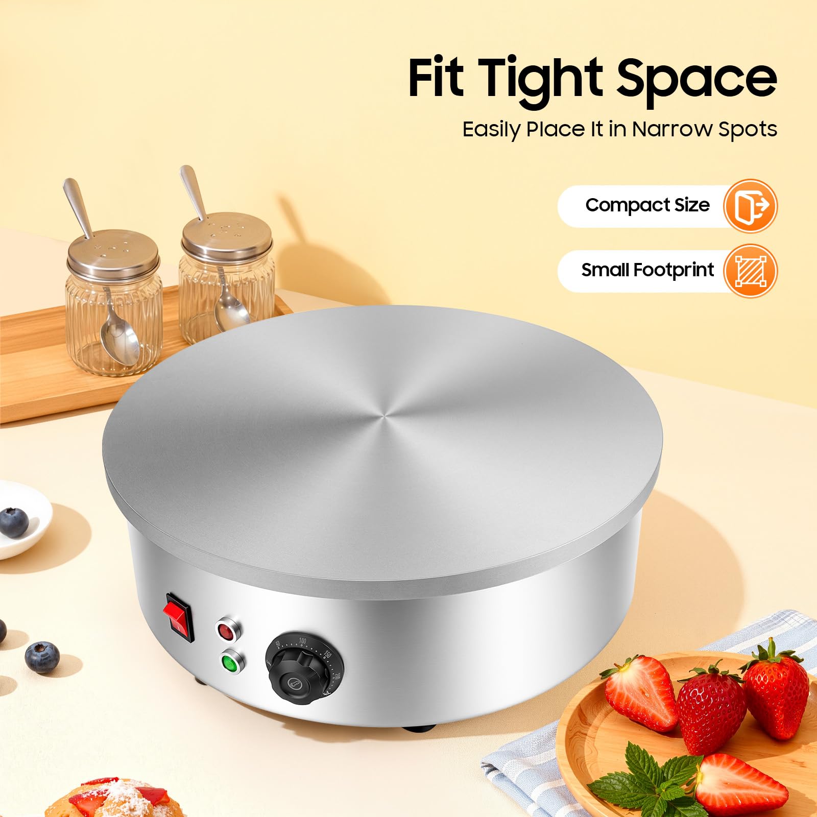 Machine à crêpes électrique 3000 W - 45 cm - En fonte - Avec répartiteur de pâte et spatule - Antiadhésive - Contrôle de la température 50-300 °C - Pour la maison et la restauration