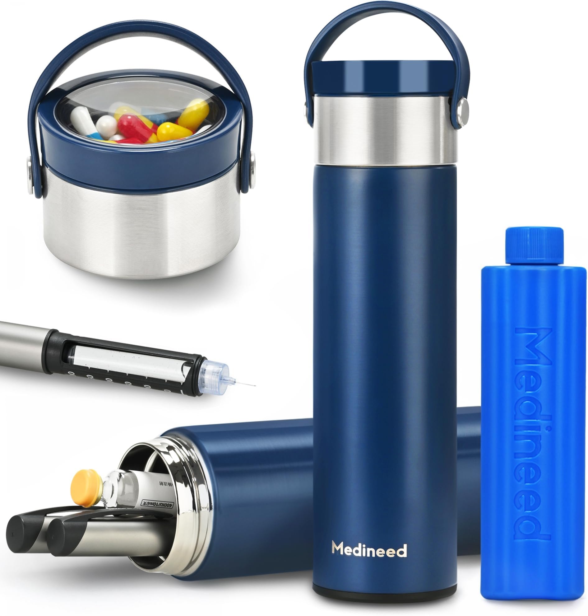 MEDINEED Insulin Cooler Travel Case, 60H 3 Pens Diabetes Travel Case Travel Medicine Organizer, Medication Cooler for Travel Diabetes Care, Travel Medicine Kit with Tsa Approved Ice Packs (Blue)