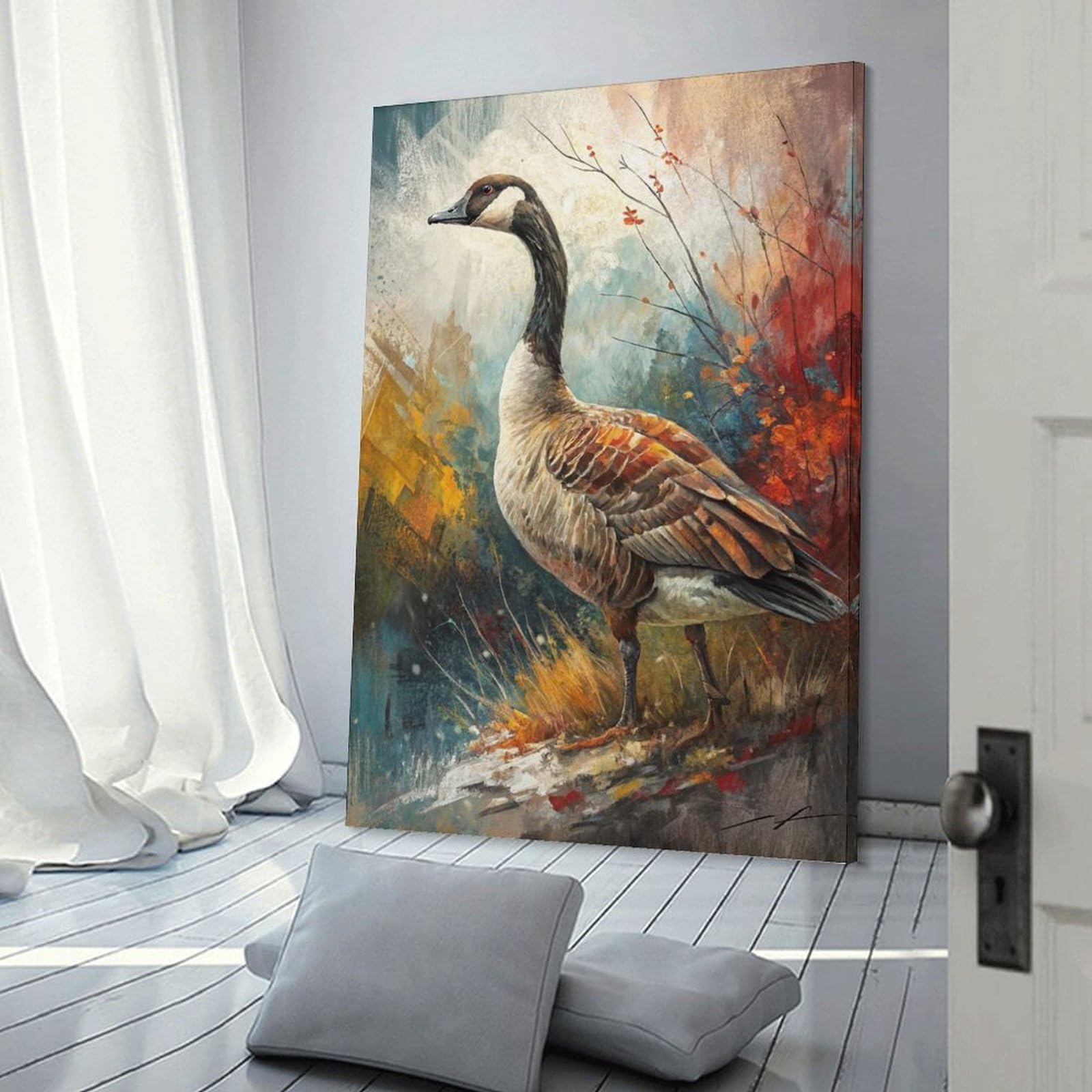 Junmoney Frame-Style-2 Goose Portrait In Autumnal Setting Room Decor Wall Art, 08X12inch(20X30cm), For Feature Walls In Flats Or Modern Rooms, Wall Decor Suited To Curated Displays