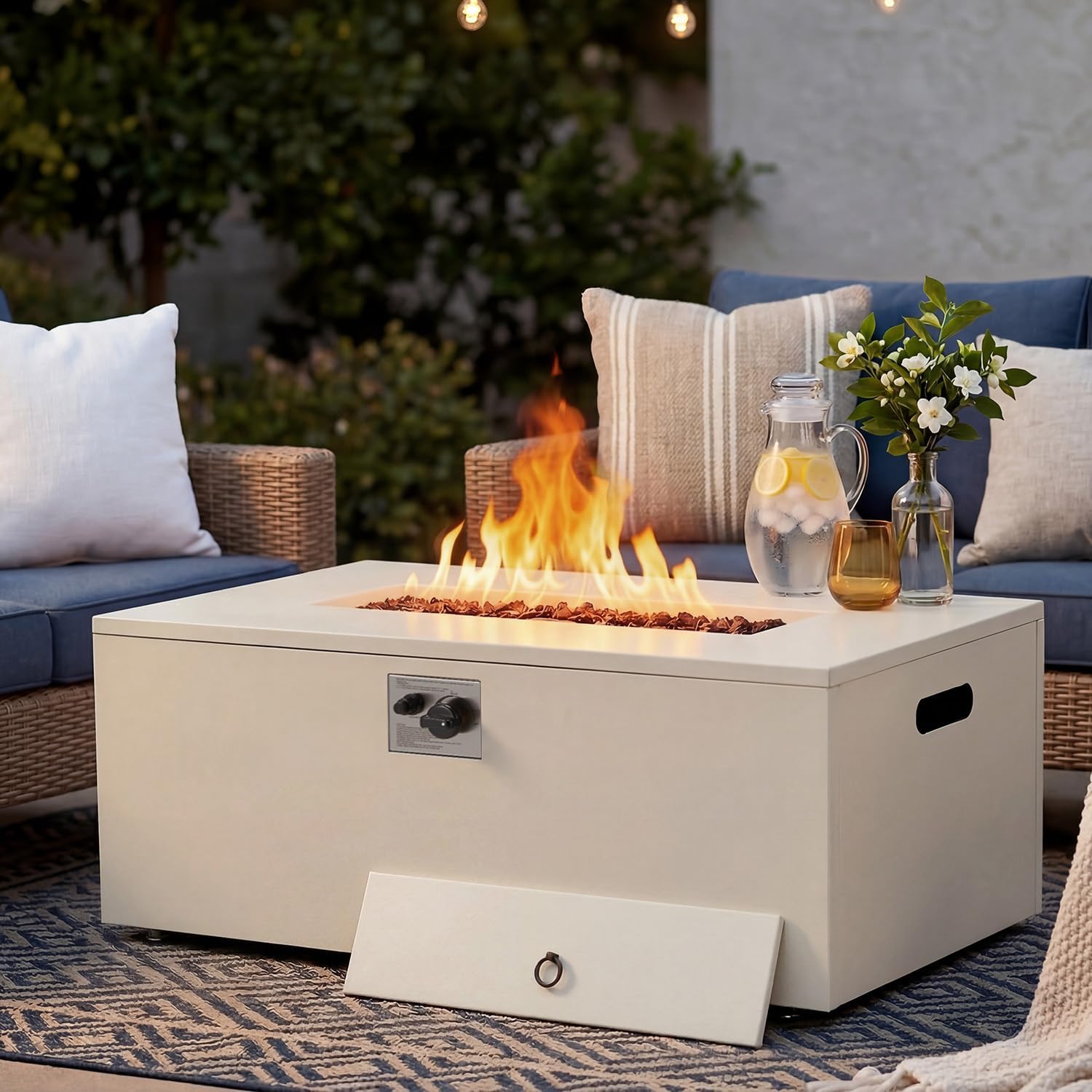 ECOTOUGE 42" Rectangular Propane Fire Pit Table, 50,000 BTU Outdoor Gas Fire Pit with Lid, Steel Fireplace w/Weather-Resistant Pit Cover, Lava Rocks for Patio, CSA Certified, White