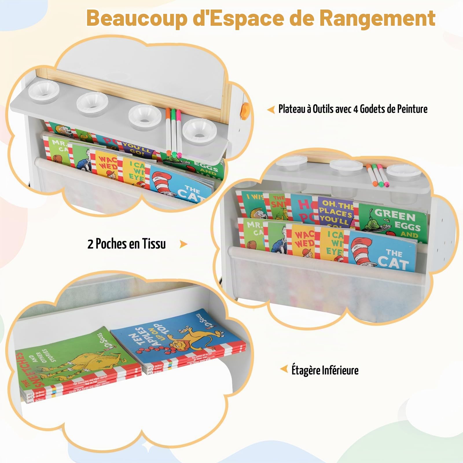 GOPLUS Table Enfant avec Chaise, 4 en 1 Tableau Enfant Double Face Amovible et Hauteur Réglable, avec Plateau Magnétique, Rouleau de Papier, Bibliothèque, Table à Dessin pour 3+ Ans