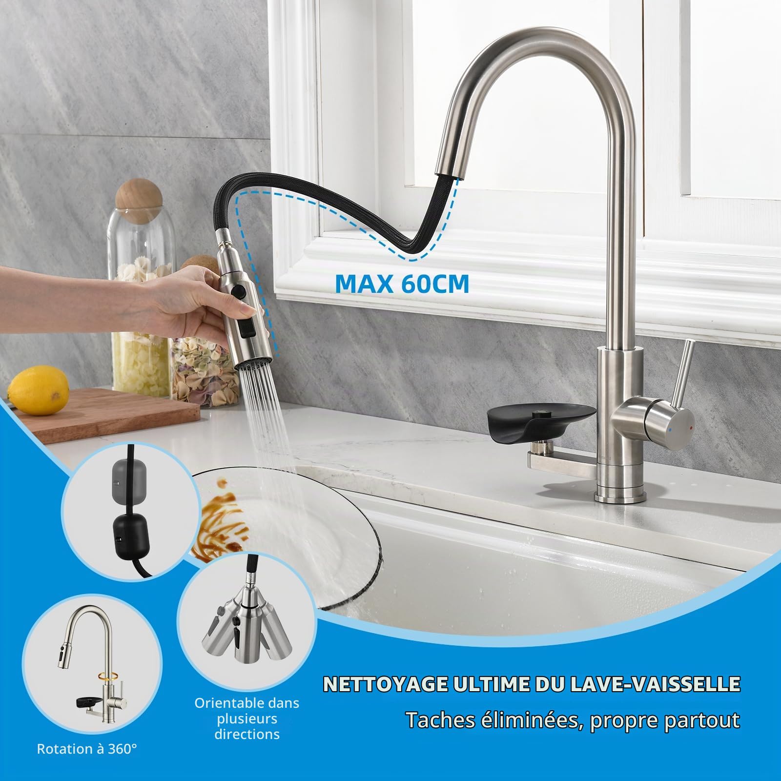 Robinet Cuisine 3‑en‑1 Filtre Lave-verres, Douchette Extractible Double jet | Mitigeur Cuisine avec Douchette,Mynaiad acier 304 Brossé, évier 3 voies, Rotation 360° Adapté Cuisine