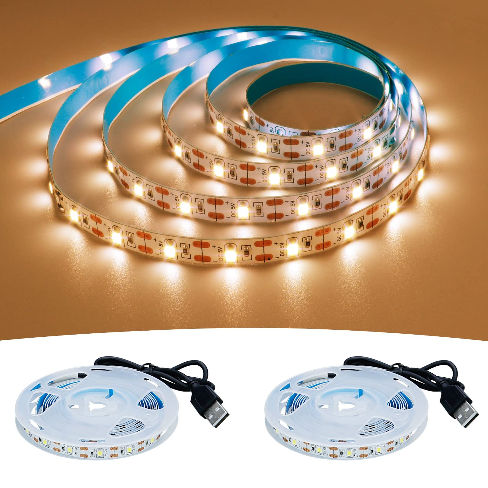 USB LED Strip Light Warm White 3000K 5V USB Powered 13.12ft/4M 240LEDs Flexible SMD2835 High Brightness No-Waterproof IP20 LED Tape Lights(2pcs x 6.6ft)