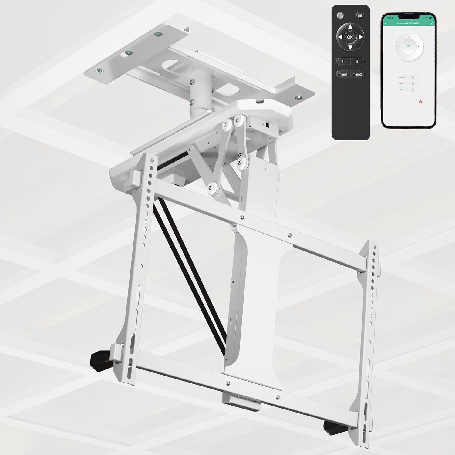 VIVO Drop Ceiling Electric TV Mount for 32 to 70 inch Screens, Flip Down Motorized VESA Bracket, Holds TVs up to 77 lbs, App and Voice Control, White, MOUNT-KIT-FD70W1C