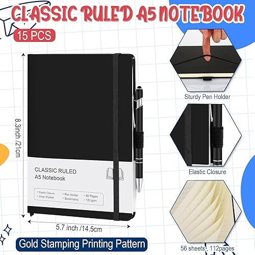 Miniatura 2 de Qeeenar Paquete de 15 cuadernos de tapa dura A5 a granel con soporte para bolígrafo con 15 bolígrafos para escuela, negocios, trabajo, viajes,