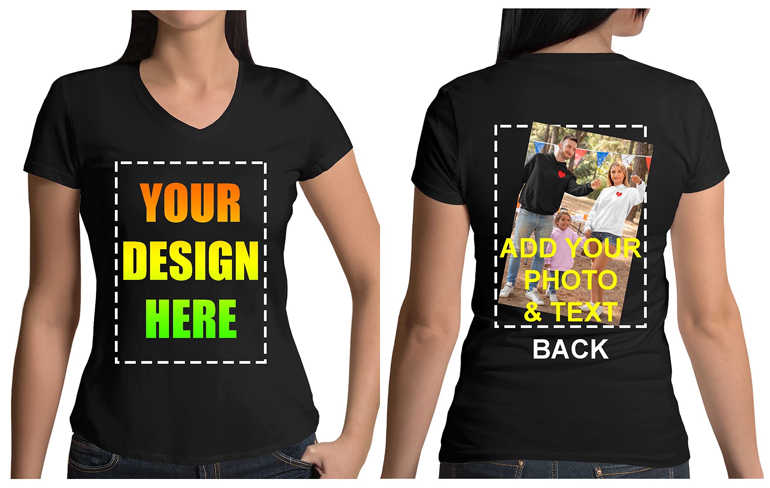 V-Neck Ladies Add Your Own Text Design Custom Personalized Front Back T-Shirt Tee
