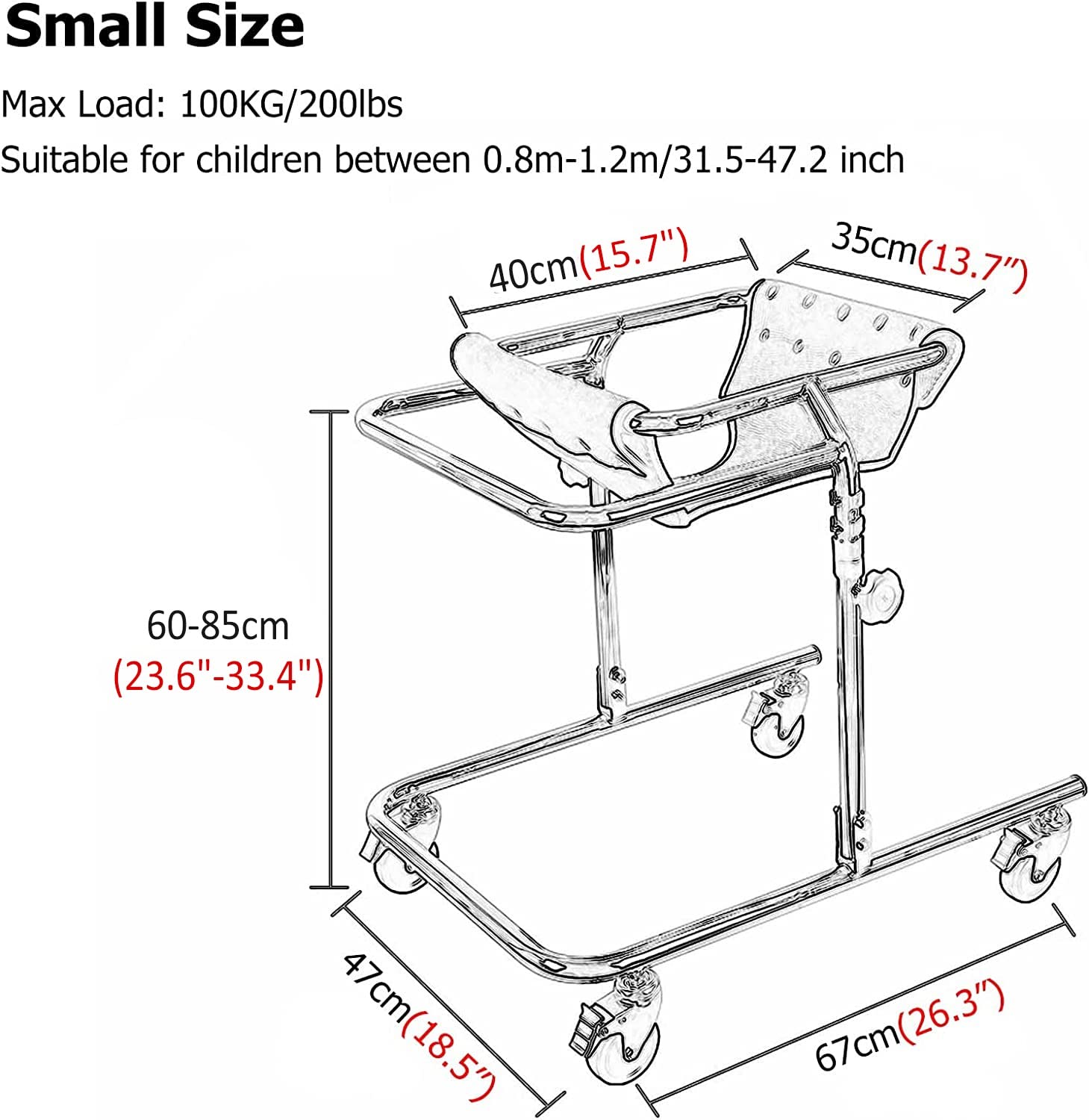Andador para niños con parálisis cerebral, altura ajustable, andador para niños con discapacidad y parálisis cerebral, andador vertical con asiento extraíble, 80-120 cm