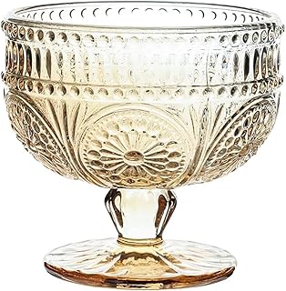 THE WHITE SHOP Vintage Sunflower Embossed Glass Footed Dessert Bowl for Ice Cream Trifle Salad Candy Cake Home Party Wedding 9 OZ Amber