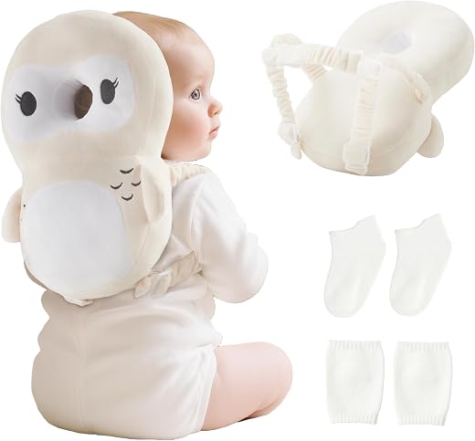 Fortella Protezione Testa Zaino del Bambino, Cuscino Regolabile Anticaduta Primi Passi per Bambini 5-24M, Neonati Zainetto Protettivo Sicurezza per Camminare, con Calzini e Ginocchiere (Gufo)