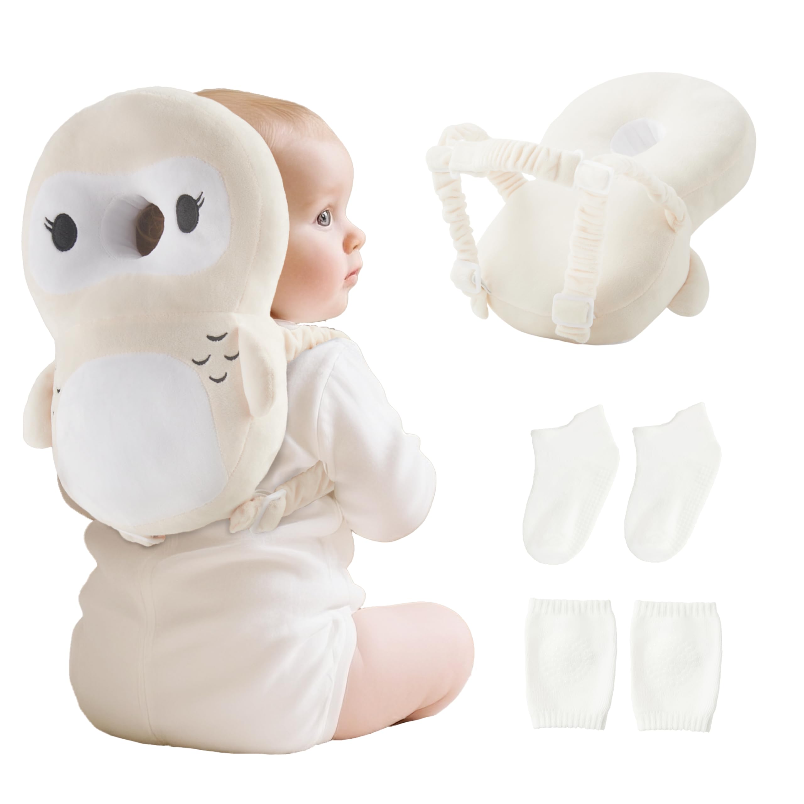 Fortella Baby Kopfschutz Rucksack mit Socken und Knieschonern, Atmungsaktiver Rückenbereich, mit Verstellbarem Trageriemen für 5-24 Monate, zum Krabbeln, Laufen Lernen und Kinderaktivitäten (Eule)