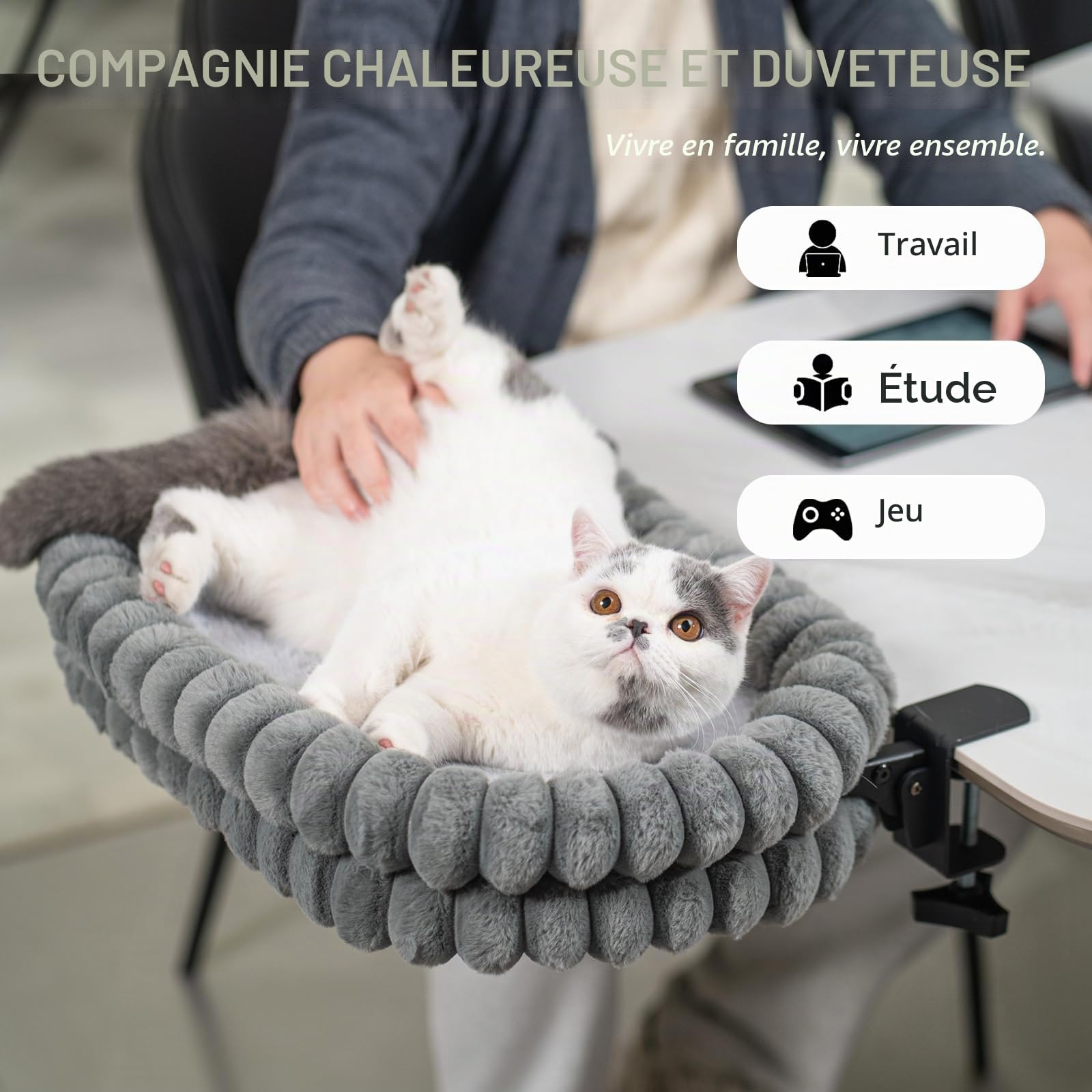 CheerPals Lit pour Chat Bureau Pliable, Hamac Chat Suspendu avec Support en Métal Robuste (2 KG), Panier Réversible Hiver/Été pour Table, 60x38x12 cm